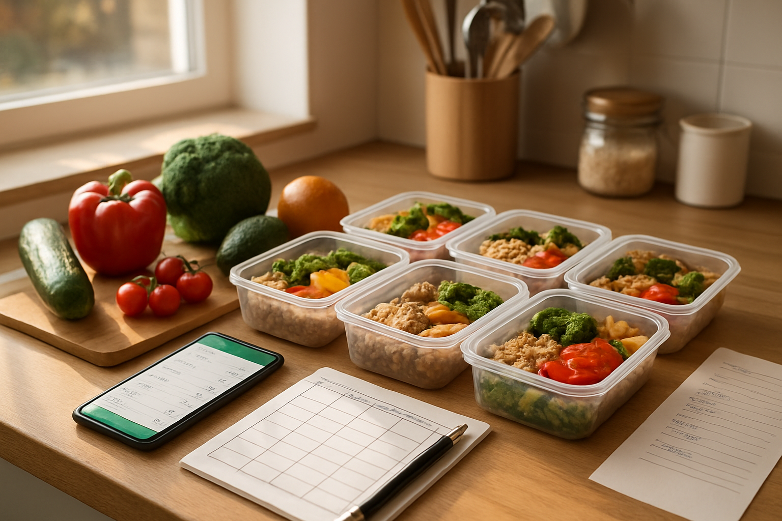 Create a realistic image of a modern kitchen counter with organized meal prep containers filled with colorful prepared meals, a smartphone displaying a meal planning app, a weekly calendar planner with meal notes, fresh ingredients like vegetables and fruits neatly arranged, a shopping list on paper, and kitchen utensils in the background, all bathed in warm natural lighting from a window, creating an atmosphere of efficiency and organization that represents successful meal planning completion, absolutely NO text should be in the scene.