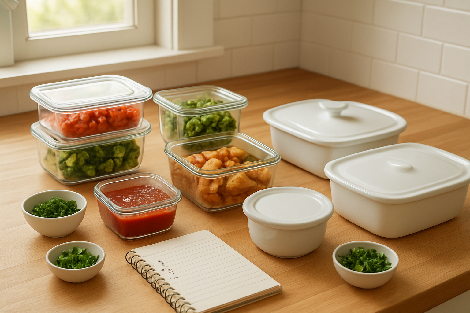 Create a realistic image of a bright, organized kitchen counter with multiple glass storage containers filled with prepared ingredients like chopped vegetables, marinated proteins, and pre-made sauces, alongside covered casserole dishes ready for the oven, fresh herbs in small bowls, and a notebook with a meal planning list, all arranged neatly under warm natural lighting from a window, creating a calm and efficient meal prep atmosphere. Absolutely NO text should be in the scene.