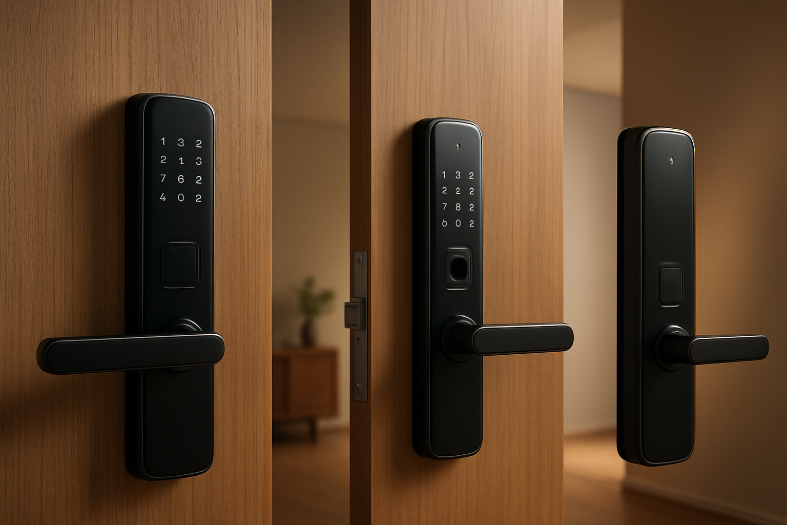 Create a realistic image of three sleek smart door locks mounted on modern wooden doors, showcasing mid-range models with digital keypads, fingerprint scanners, and smartphone connectivity features, displayed in a contemporary home setting with warm ambient lighting, positioned at different angles to highlight their design and functionality, with a clean minimalist background featuring neutral tones and subtle shadows that emphasize the value proposition of quality smart home security technology, absolutely NO text should be in the scene.