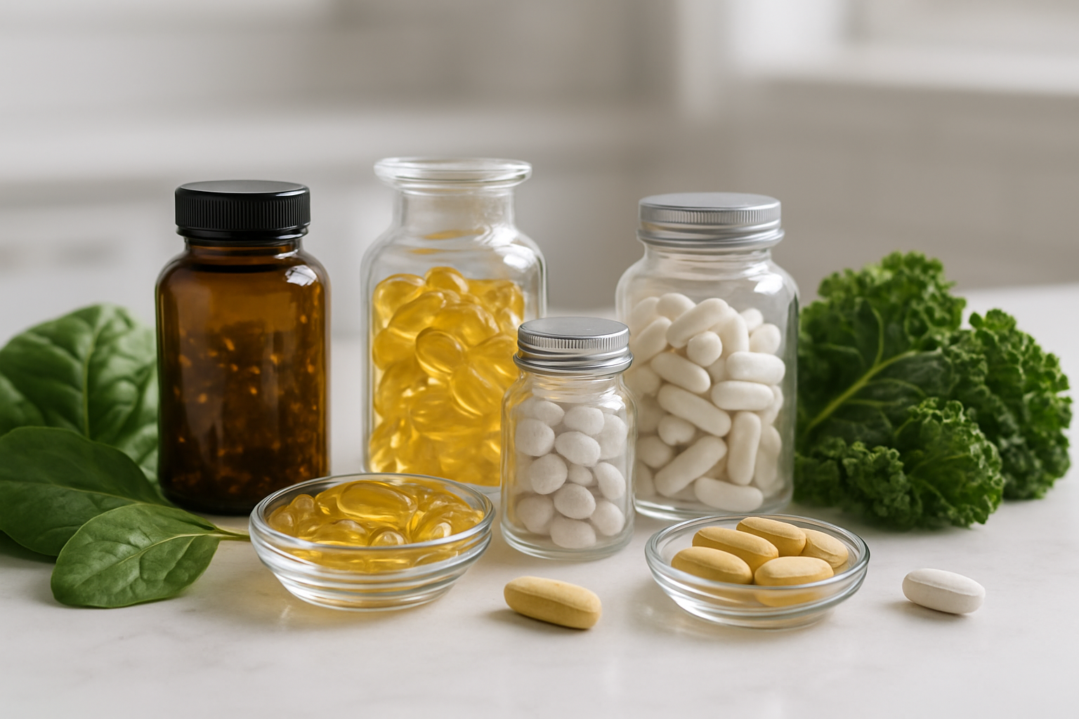 Create a realistic image of various dietary supplements arranged on a clean white marble countertop, including vitamin D capsules, omega-3 fish oil softgels, chromium tablets, and magnesium supplements in modern glass bottles and containers, with fresh green leafy vegetables like spinach and kale artfully placed around the supplements, soft natural lighting from a nearby window creating gentle shadows, clean minimalist kitchen background slightly blurred, conveying a health-focused and scientific approach to wellness, absolutely NO text should be in the scene.