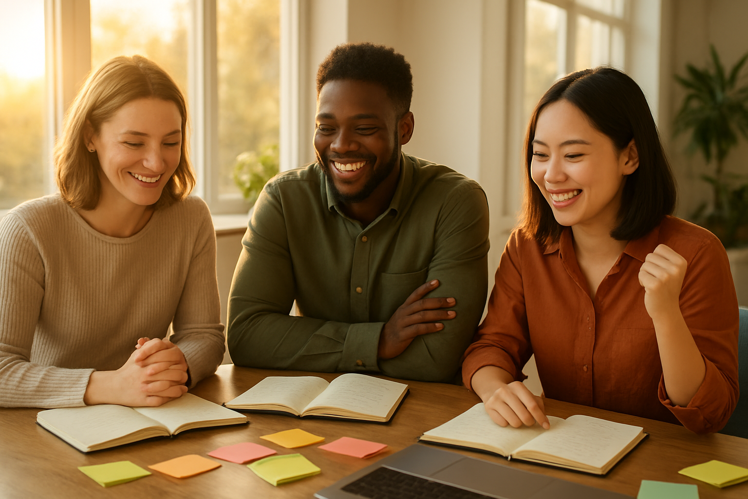 Create a realistic image of a diverse group including a white female, black male, and Asian female sitting around a modern wooden table with open journals, colorful sticky notes, and a laptop, all showing expressions of accomplishment and satisfaction as they review their goal-planning materials, set in a bright, airy room with large windows letting in natural daylight, plants visible in the background, creating an uplifting and successful atmosphere that conveys the completion of effective goal-setting, with warm golden hour lighting streaming through the windows. Absolutely NO text should be in the scene.