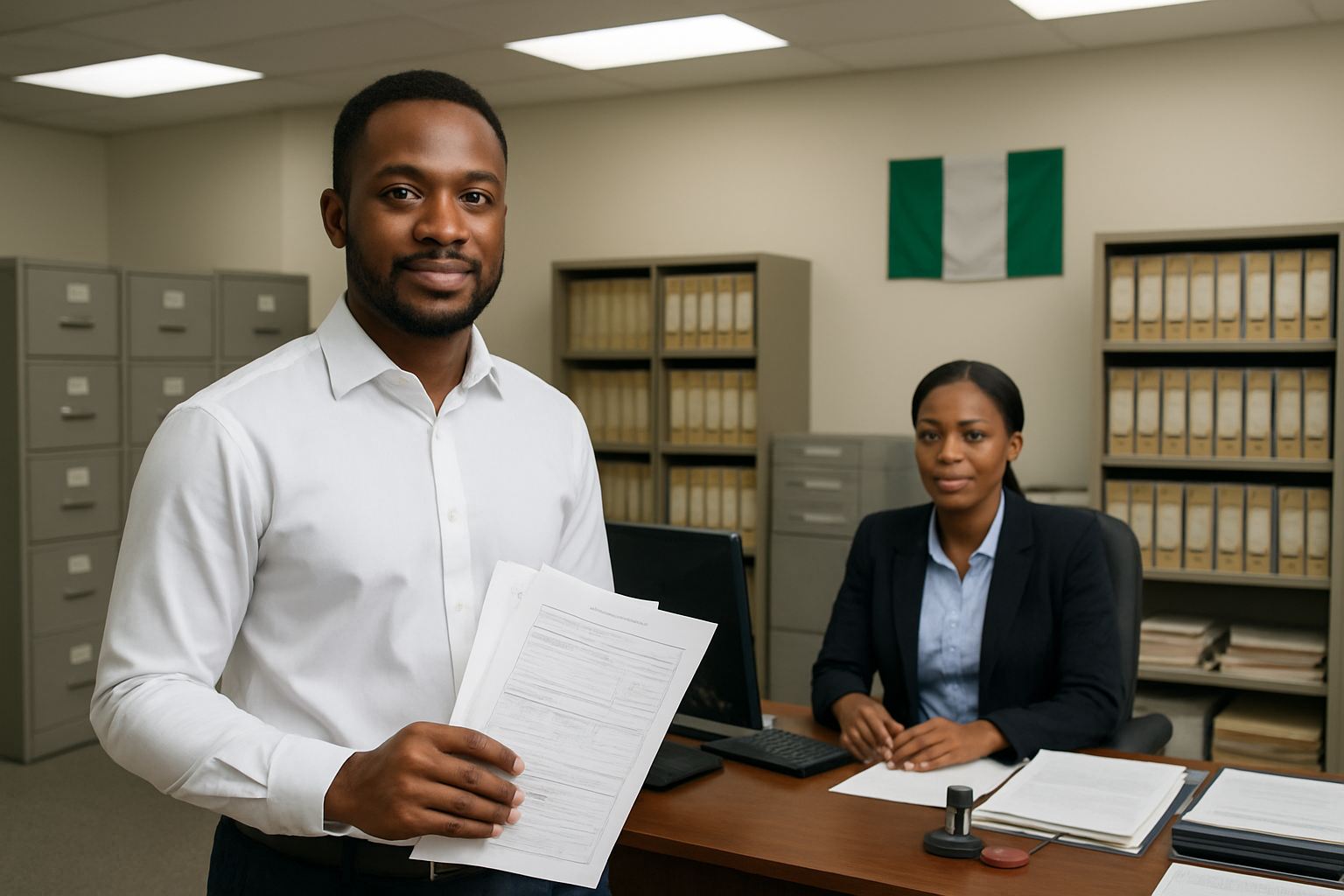 Create a realistic image of a modern Nigerian government office or business registration center showing a black Nigerian male businessman in a crisp white shirt holding official business registration documents and forms, with a female black Nigerian government official in professional attire seated behind a desk with official stamps, filing cabinets filled with legal documents in the background, Nigerian flag visible on the wall, bright fluorescent office lighting creating a formal administrative atmosphere, clean organized workspace with computers and official paperwork scattered on the desk, absolutely NO text should be in the scene.