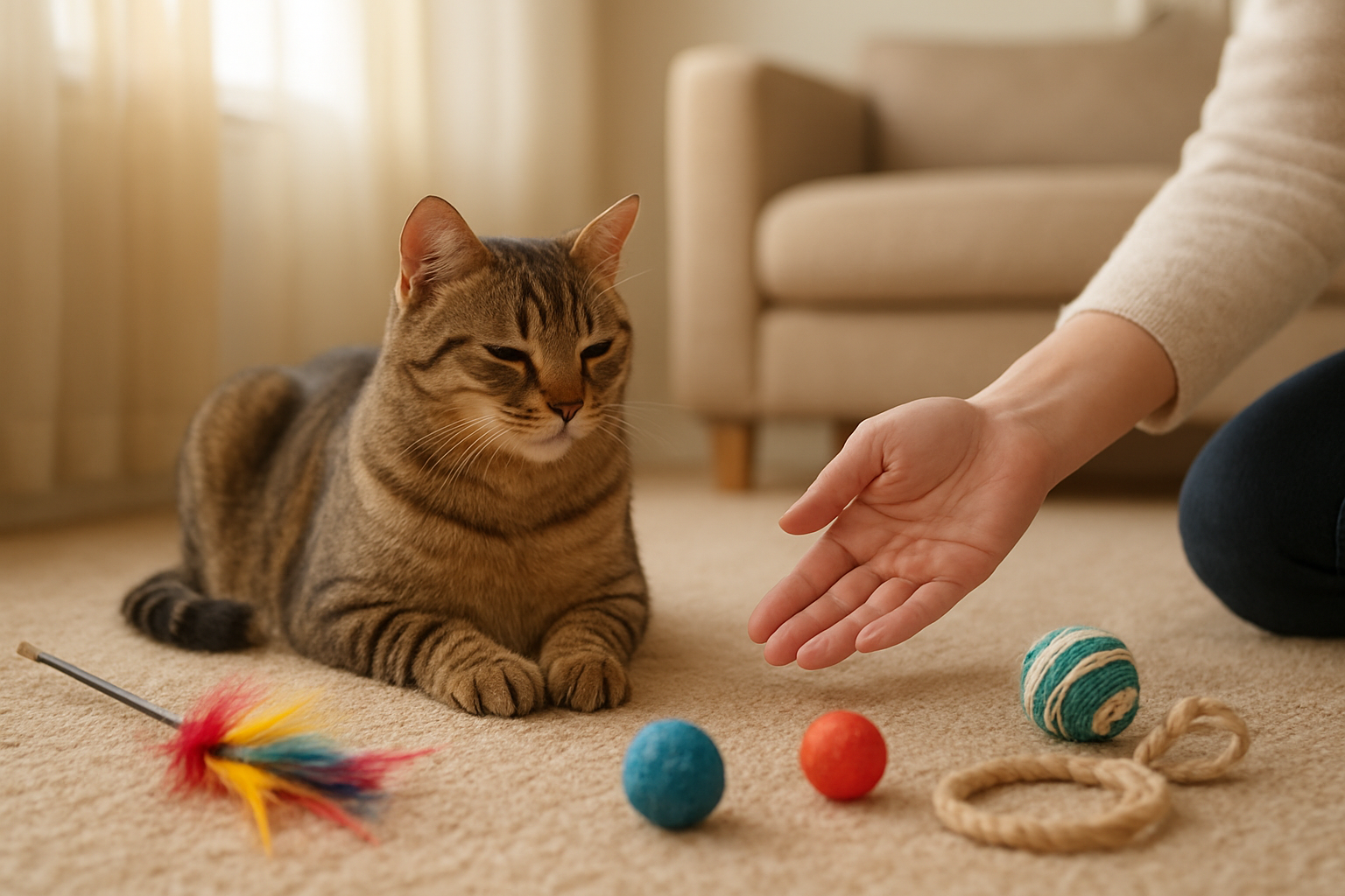 Create a realistic image of a calm domestic tabby cat sitting peacefully on a soft beige carpet next to scattered colorful cat toys including a feather wand, small balls, and rope toys, with a white female pet owner gently reaching toward the cat with an open palm in a soothing gesture, warm natural lighting streaming through a nearby window creating a serene atmosphere in a cozy living room setting, the cat's body language showing relaxation with ears forward and eyes half-closed, absolutely NO text should be in the scene.