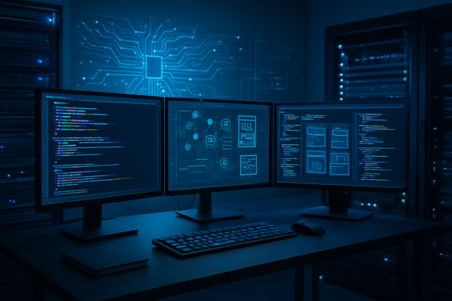 Create a realistic image of a modern tech workspace showing the inner workings of AI-powered app development technology, featuring multiple computer monitors displaying colorful code interfaces, network diagrams, and app wireframes, with circuit board patterns and data flow visualizations in the background, illuminated by soft blue and white LED lighting that creates a futuristic atmosphere, surrounded by sleek server equipment and technological components that represent instant full-stack application generation, absolutely NO text should be in the scene.