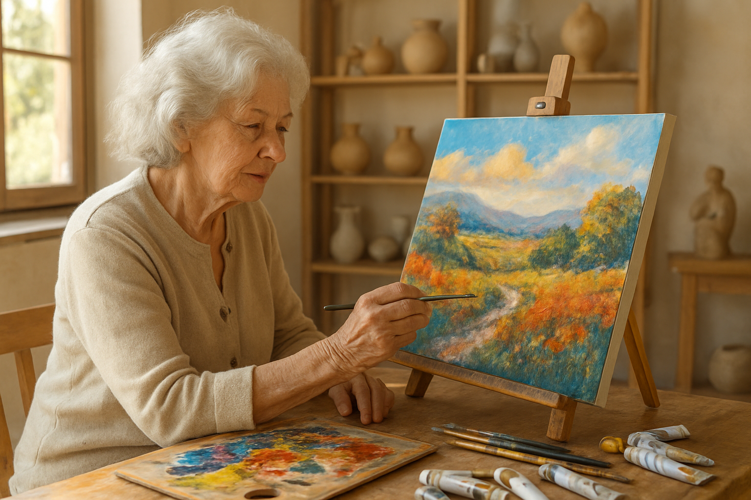 Create a realistic image of an elderly white female artist in her 70s sitting at an easel painting a colorful landscape on canvas, with art supplies including brushes, palette with vibrant paints, and tubes of paint scattered on a wooden table nearby, in a bright sunlit art studio with large windows, shelves displaying pottery and sculptures in the background, warm natural lighting creating a peaceful and inspiring creative atmosphere, absolutely NO text should be in the scene.