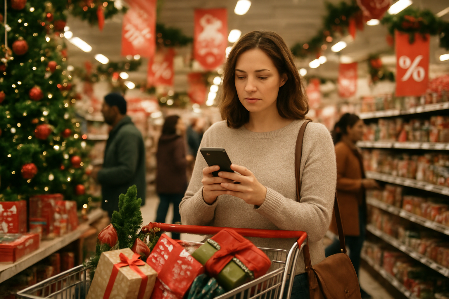 Create a realistic image of a white female shopper in her 30s comparing prices on her smartphone while standing in a busy retail store during the holiday season, surrounded by Christmas decorations, sale tags, and promotional banners hanging from the ceiling, with other diverse shoppers browsing in the background, warm indoor lighting creating a bustling yet organized shopping atmosphere, shopping cart beside her filled with wrapped gifts and holiday items, store shelves stocked with discounted merchandise and seasonal products, conveying the strategic timing aspect of holiday shopping for deals, absolutely NO text should be in the scene.