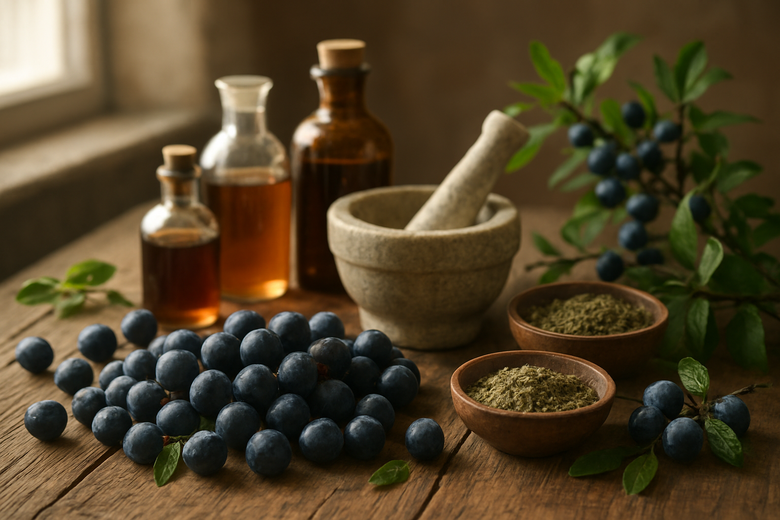 Create a realistic image of fresh blackthorn berries (sloes) arranged on a rustic wooden surface alongside traditional medicinal items including glass bottles with herbal tinctures, dried herbs in small bowls, mortar and pestle, and fresh blackthorn branches with leaves, all bathed in soft natural lighting from a window, creating a warm and therapeutic atmosphere that conveys natural healing and wellness, absolutely NO text should be in the scene.