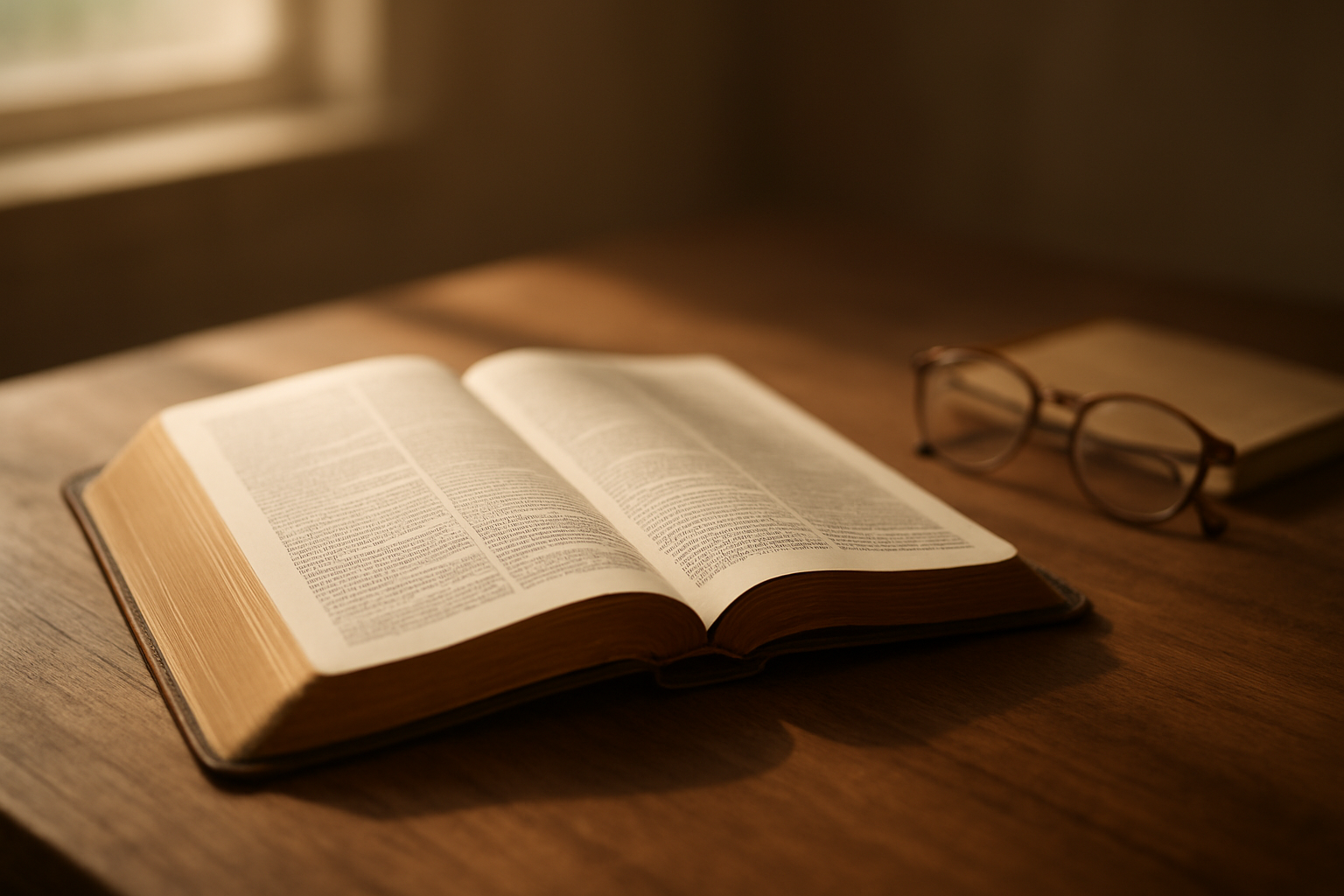 Create a realistic image of an open Bible with pages gently turned to reveal 1 Corinthians 13, placed on a wooden desk or table surface, with soft natural lighting streaming from a window creating gentle shadows across the pages, surrounded by subtle study elements like reading glasses and a small notebook, conveying a peaceful and contemplative atmosphere for biblical study and reflection, with warm golden tones and a serene background that suggests quiet scholarship and spiritual understanding, absolutely NO text should be in the scene.