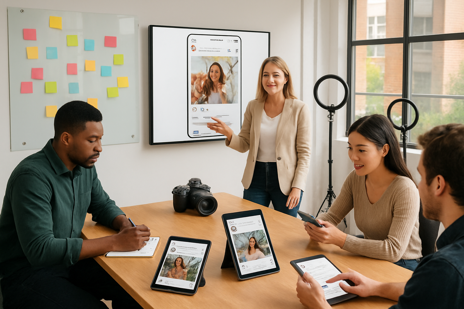 Create a realistic image of a diverse group of people sitting around a modern conference table with smartphones and tablets displaying Instagram interface elements, featuring a white female social media manager pointing to advanced Instagram features on a large wall-mounted screen, with a black male content creator taking notes and an Asian female influencer engaging with community comments on her phone, surrounded by creative workspace elements like ring lights, camera equipment, and colorful sticky notes on a glass whiteboard, set in a bright modern office with natural lighting streaming through large windows, conveying an atmosphere of collaboration and strategic planning, absolutely NO text should be in the scene.