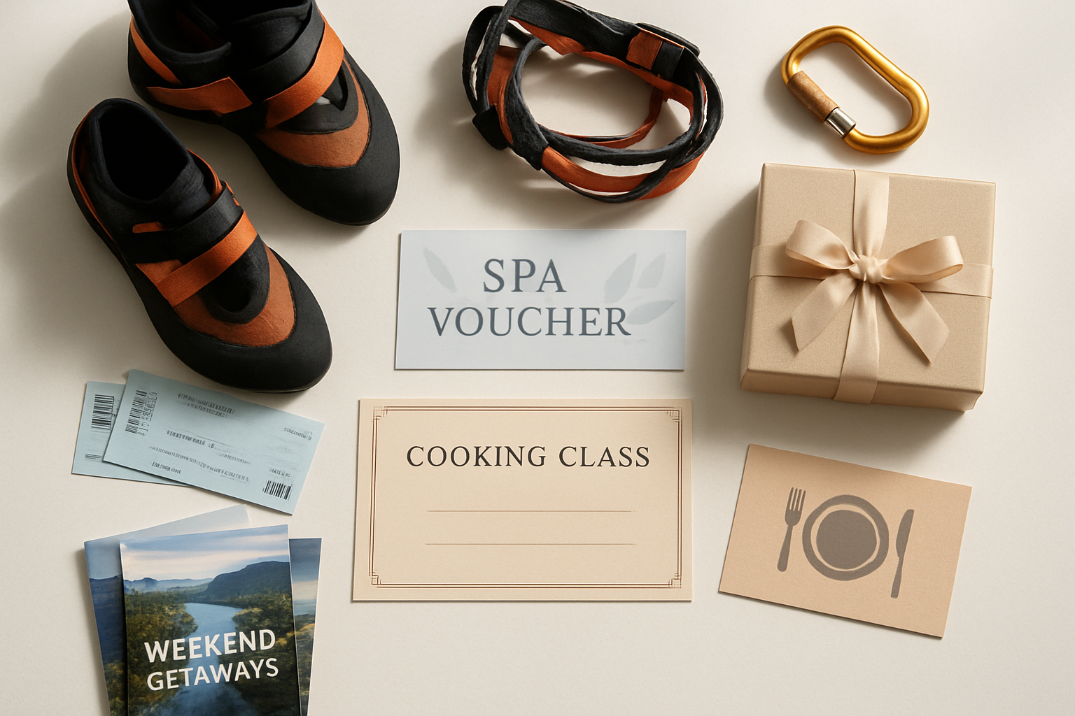 Create a realistic image of a collection of experience-based gift items arranged on a clean white surface, including concert tickets, a spa voucher, cooking class certificate, adventure sports equipment like rock climbing gear, travel brochures for weekend getaways, and a gift box containing restaurant dining vouchers, all displayed in an organized and visually appealing layout with soft natural lighting from above, creating a warm and inviting atmosphere that suggests thoughtful gift-giving for young adults, absolutely NO text should be in the scene.