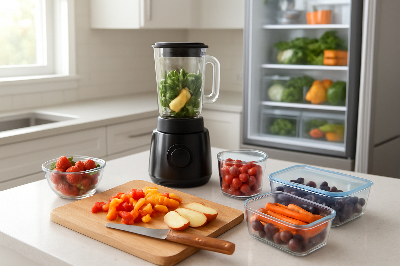 Create a realistic image of a bright, modern kitchen counter featuring various practical meal preparation scenarios with colorful fresh fruits and vegetables, including a wooden cutting board with diced bell peppers and sliced apples, glass containers filled with pre-washed berries and cherry tomatoes, a blender with spinach and banana smoothie ingredients nearby, a lunch box being packed with carrot sticks and grapes, and a refrigerator in the background with its door slightly open revealing organized produce storage bins, all lit by natural sunlight streaming through a window creating a clean and inviting atmosphere that emphasizes healthy eating preparation, absolutely NO text should be in the scene.