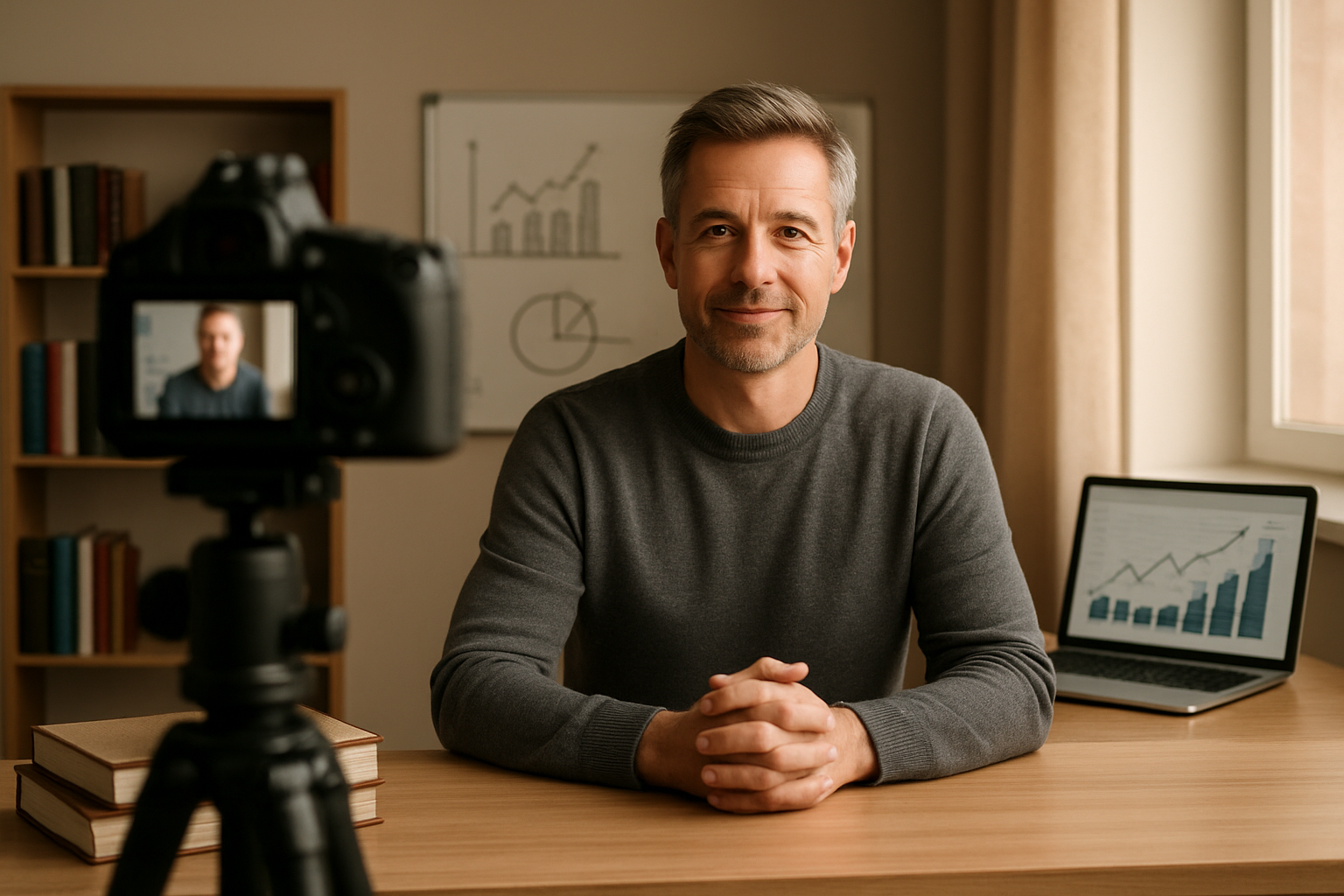 Create a realistic image of a confident middle-aged white male content creator sitting at a modern desk in a well-lit home studio setup, speaking directly to a professional camera mounted on a tripod, with educational props like books, a whiteboard with diagrams, and a laptop displaying analytics charts visible in the background, warm natural lighting streaming through a window, creating an authoritative yet approachable atmosphere for educational video content creation, absolutely NO text should be in the scene.