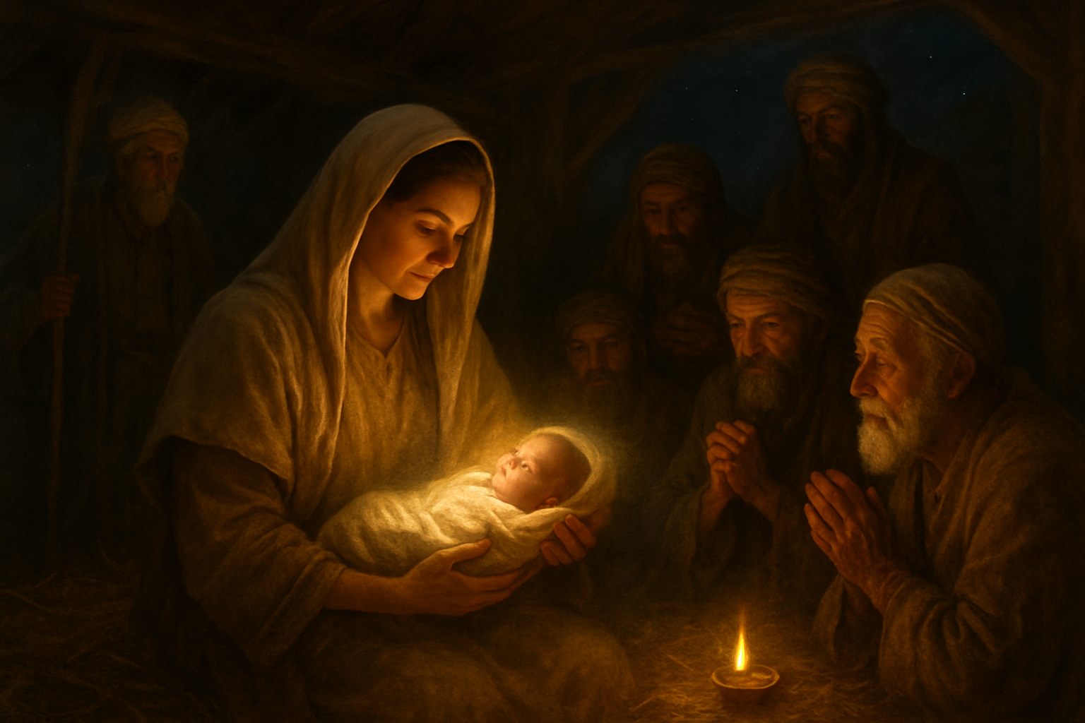 Create a realistic image of a young Middle Eastern female woman in ancient biblical clothing holding a newborn baby, surrounded by a warm golden glow that emanates from the infant, with shepherds and wise men kneeling in reverence in the background, set in a humble stable with hay and wooden beams, featuring soft candlelight and starlight streaming through the structure, creating a peaceful and sacred atmosphere that emphasizes the woman's central role in this pivotal moment, with gentle expressions of wonder and devotion on all faces, absolutely NO text should be in the scene.
