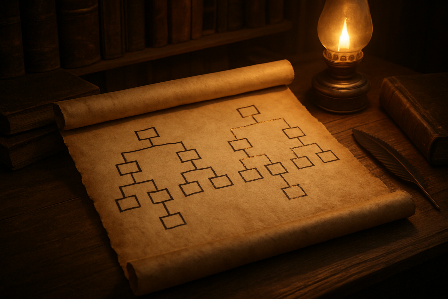 Create a realistic image of an ancient scroll or parchment unrolled on a wooden table showing two family tree diagrams side by side, one drawn with solid lines representing legal lineage and another with dotted lines representing biological lineage, both trees featuring simple boxes and connecting lines without any text, surrounded by old leather-bound books, a quill pen, and an oil lamp casting warm golden light in a scholarly study setting with wooden shelves in the background, absolutely NO text should be in the scene.