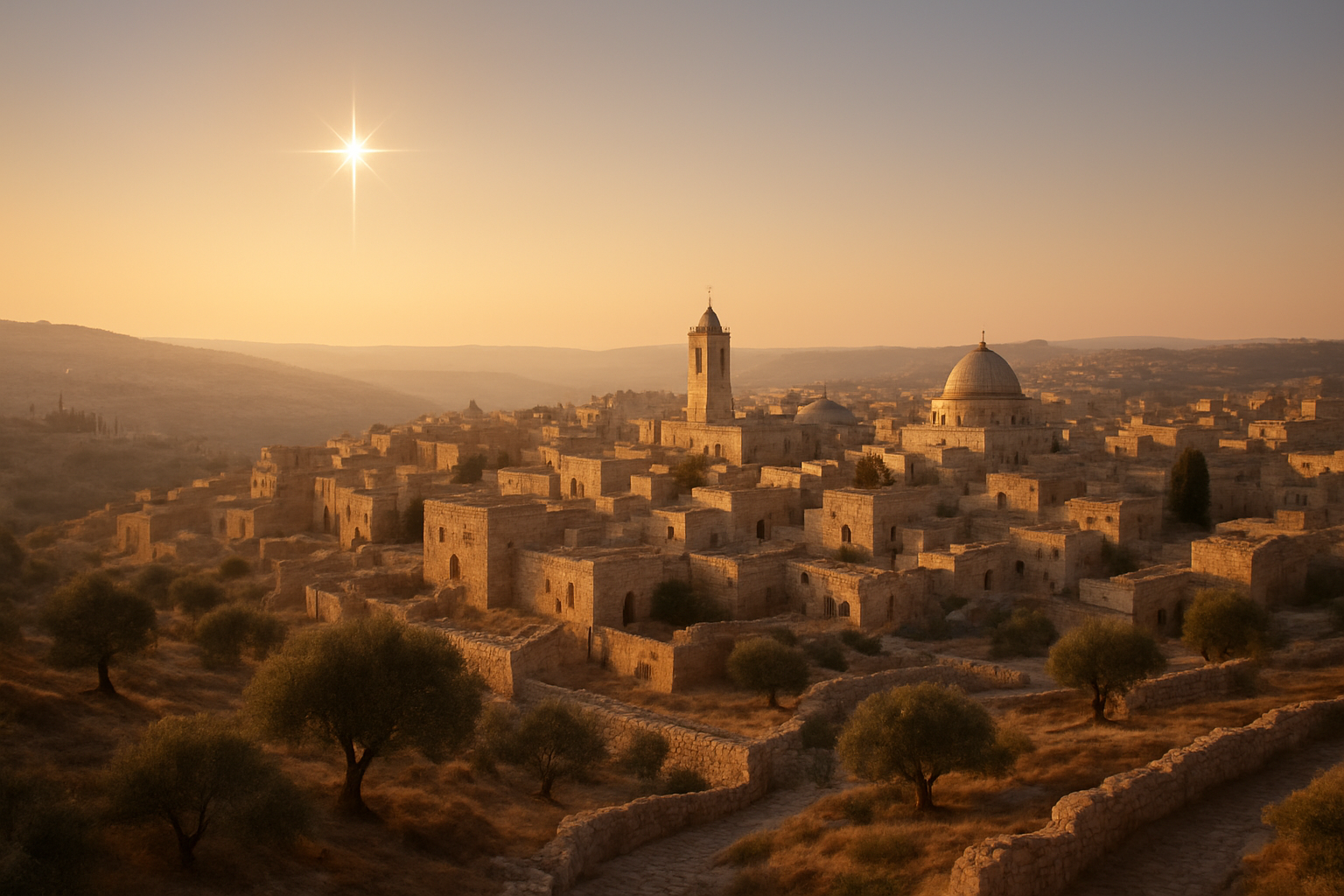 Create a realistic image of the ancient city of Bethlehem at dawn with golden sunlight illuminating limestone buildings and rolling hills, featuring a prominent star shining brightly in the pale morning sky above the town, with olive trees dotting the landscape, ancient stone walls and pathways winding through the settlement, and a sense of divine peace and historical significance emanating from the scene, captured with warm, soft lighting that creates a sacred and reverent atmosphere. Absolutely NO text should be in the scene.