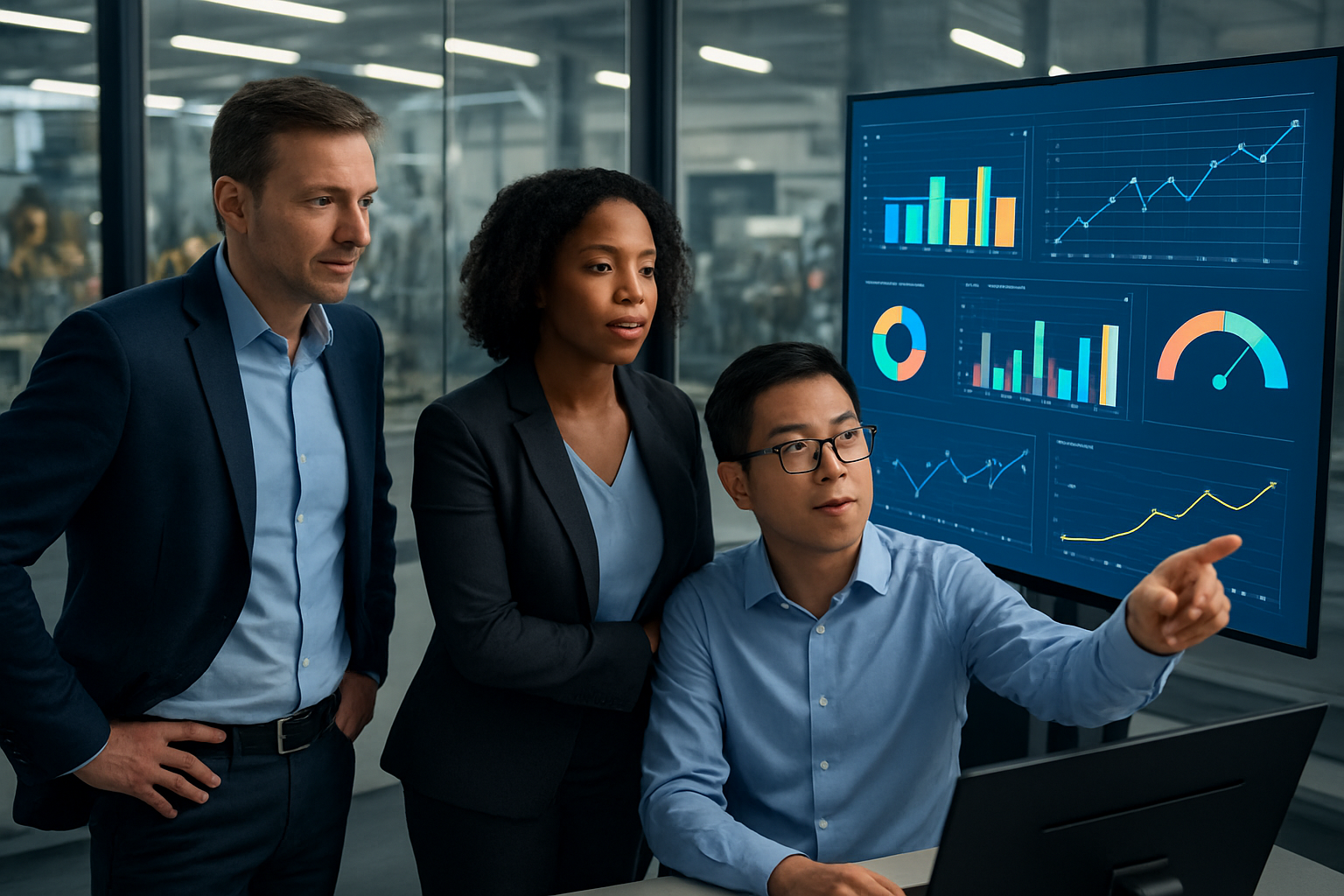 Create a realistic image of diverse departmental leaders including a white male manager, black female supervisor, and Asian male team lead standing around a large digital dashboard displaying colorful performance metrics, charts, and KPI graphs in a modern manufacturing facility control room, with industrial equipment visible through glass windows in the background, professional lighting illuminating their focused expressions as they analyze upward-trending data visualizations on multiple monitors, conveying achievement and data-driven success in a clean, high-tech environment. Absolutely NO text should be in the scene.