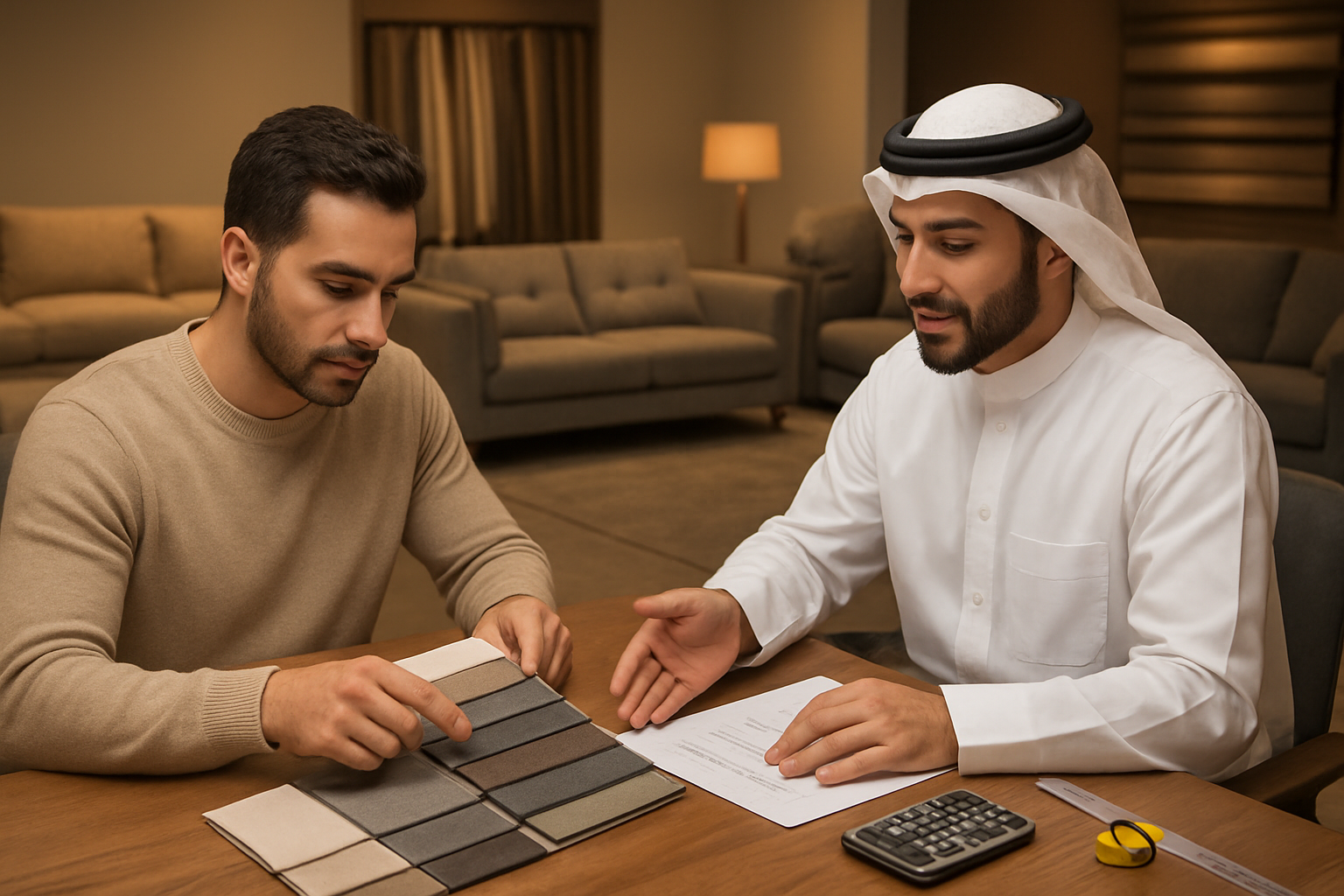 Create a realistic image of a Middle Eastern male customer in his 30s sitting at a modern furniture showroom consultation table, examining fabric samples and price lists while discussing with an Arab male furniture designer, with custom sofas and upholstery materials displayed in the background, warm professional lighting, calculator and measurement tools on the table, creating an atmosphere of careful consideration and smart shopping decisions, absolutely NO text should be in the scene.