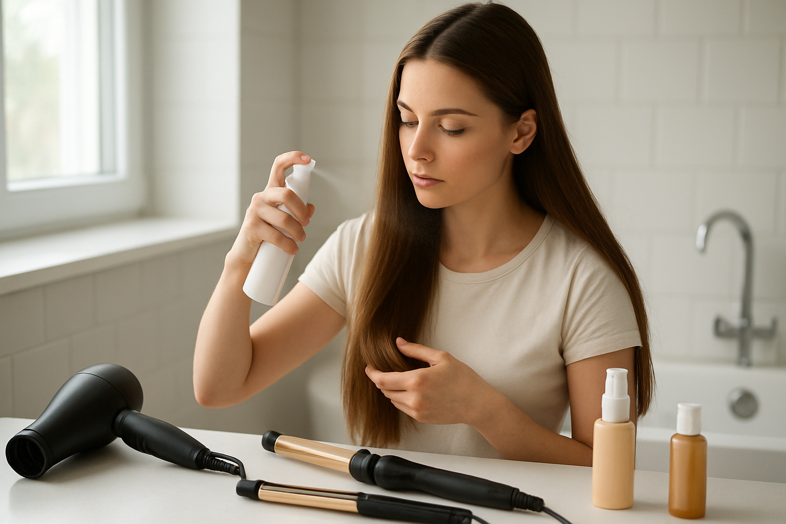 Create a realistic image of a white female applying heat protectant spray to her long brown hair before using a hair straightener, with various heat styling tools like a blow dryer, curling iron, and flat iron arranged on a clean bathroom counter beside bottles of heat protection products, soft natural lighting from a window, clean modern bathroom background with white tiles, focused and careful styling routine atmosphere, absolutely NO text should be in the scene.