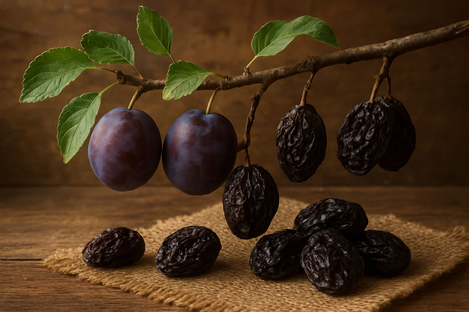 Create a realistic image of fresh plums on a tree branch transitioning into dried prunes, showing the natural transformation process, with a rustic wooden background, soft natural lighting highlighting the texture differences between the fresh purple plums and wrinkled dark prunes, some scattered on a burlap cloth, warm earthy tones, educational and informative mood, absolutely NO text should be in the scene.
