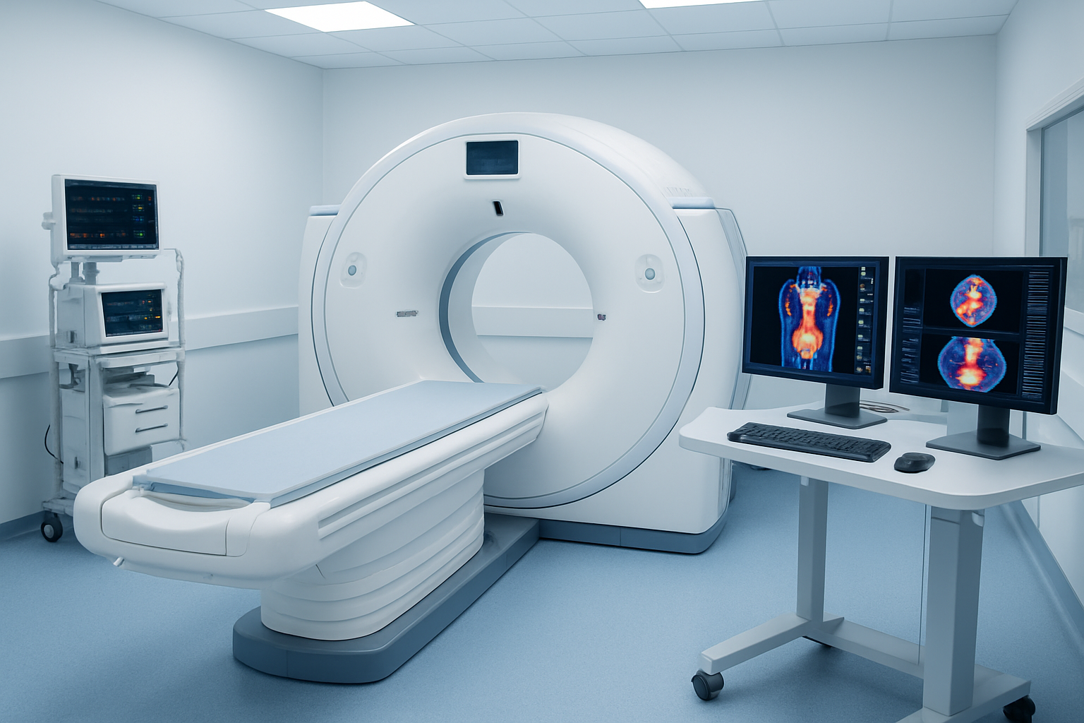 Create a realistic image of a modern medical imaging facility showing a PET-CT scanner machine in the center with its characteristic large circular opening and patient bed, surrounded by advanced monitoring equipment and computer screens displaying colorful body scan images showing highlighted areas indicating potential cancer detection, with a clean white and blue medical environment, professional lighting, and a calm, high-tech atmosphere that conveys precision and comprehensive diagnostic capabilities. Absolutely NO text should be in the scene.