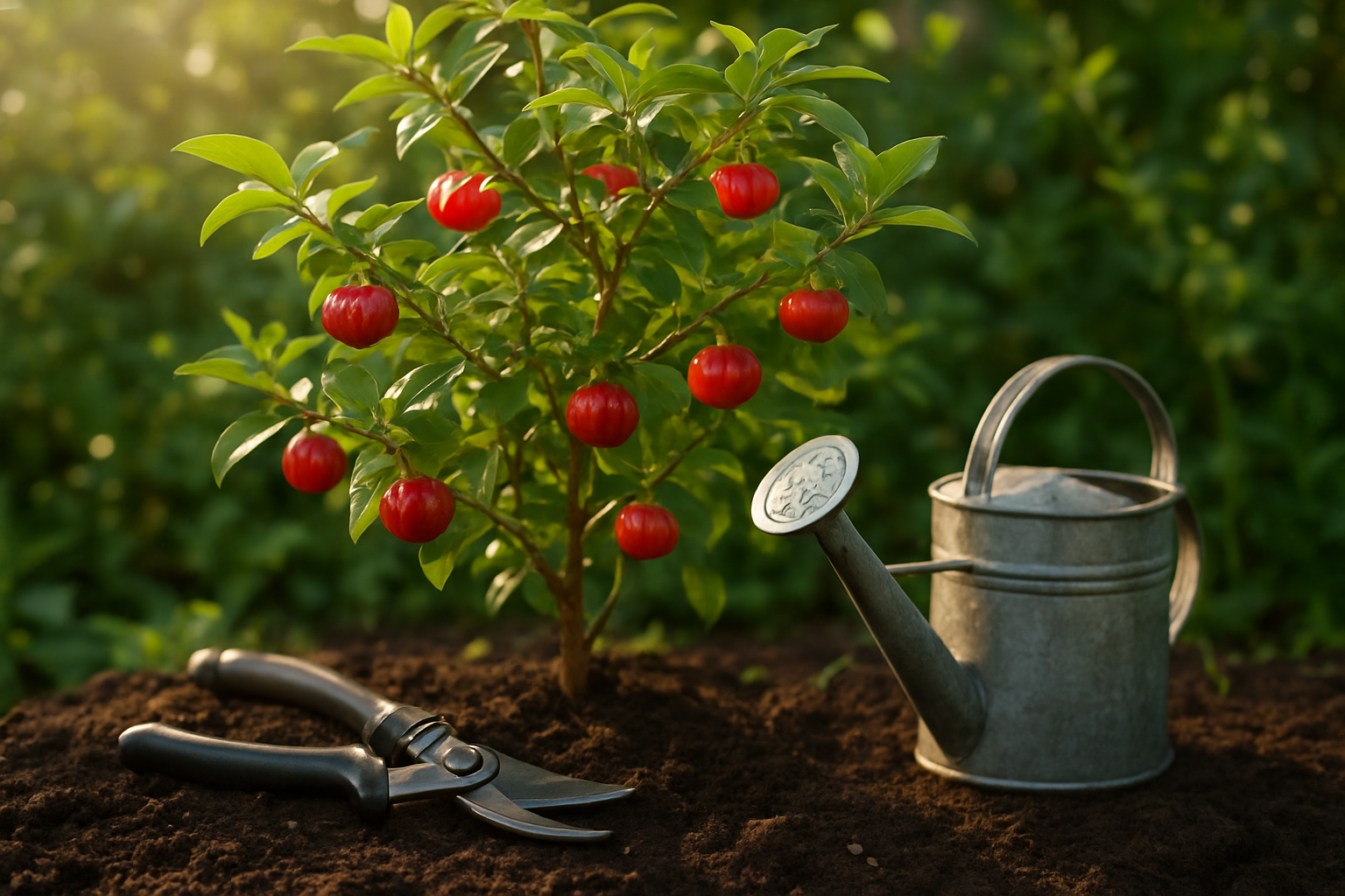 Create a realistic image of a thriving Surinam cherry plant in a home garden setting with ripe red ribbed fruits hanging from green branches, gardening tools like pruning shears and a watering can placed nearby on rich dark soil, lush green foliage in the background, warm natural sunlight filtering through creating a peaceful gardening atmosphere, showing a well-maintained fruit tree ready for harvest. Absolutely NO text should be in the scene.