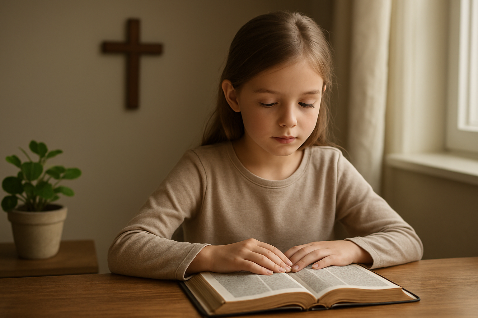 Create a realistic image of a young white female child around 8-10 years old sitting at a wooden table reading an open Bible, with soft natural lighting streaming through a nearby window, surrounded by gentle home environment elements like a small potted plant and wooden cross on the wall in the background, conveying a peaceful and contemplative mood of spiritual learning and character development, absolutely NO text should be in the scene.