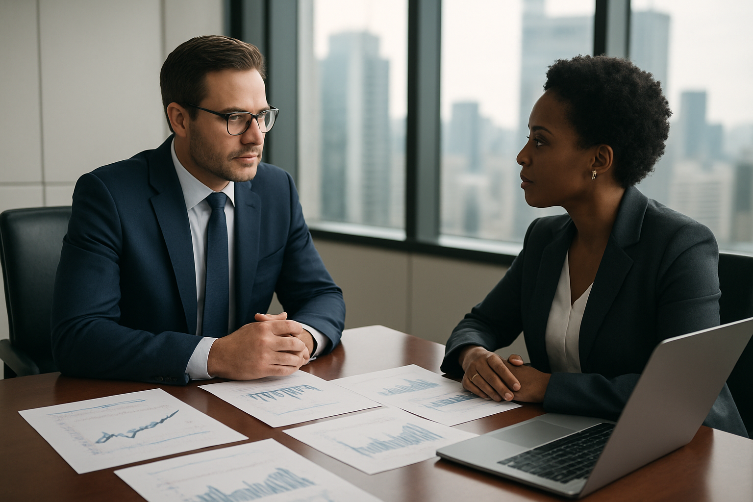 Create a realistic image of a sophisticated financial planning scene featuring a well-dressed white male financial advisor in his 40s wearing a tailored navy suit sitting across from a distinguished black female client in professional attire at a polished mahogany conference table, with multiple investment portfolio documents, charts showing upward trending graphs, and a sleek laptop displaying financial data spread across the table, set in an upscale modern office with floor-to-ceiling windows overlooking a city skyline, soft natural lighting creating a professional and trustworthy atmosphere, absolutely NO text should be in the scene.