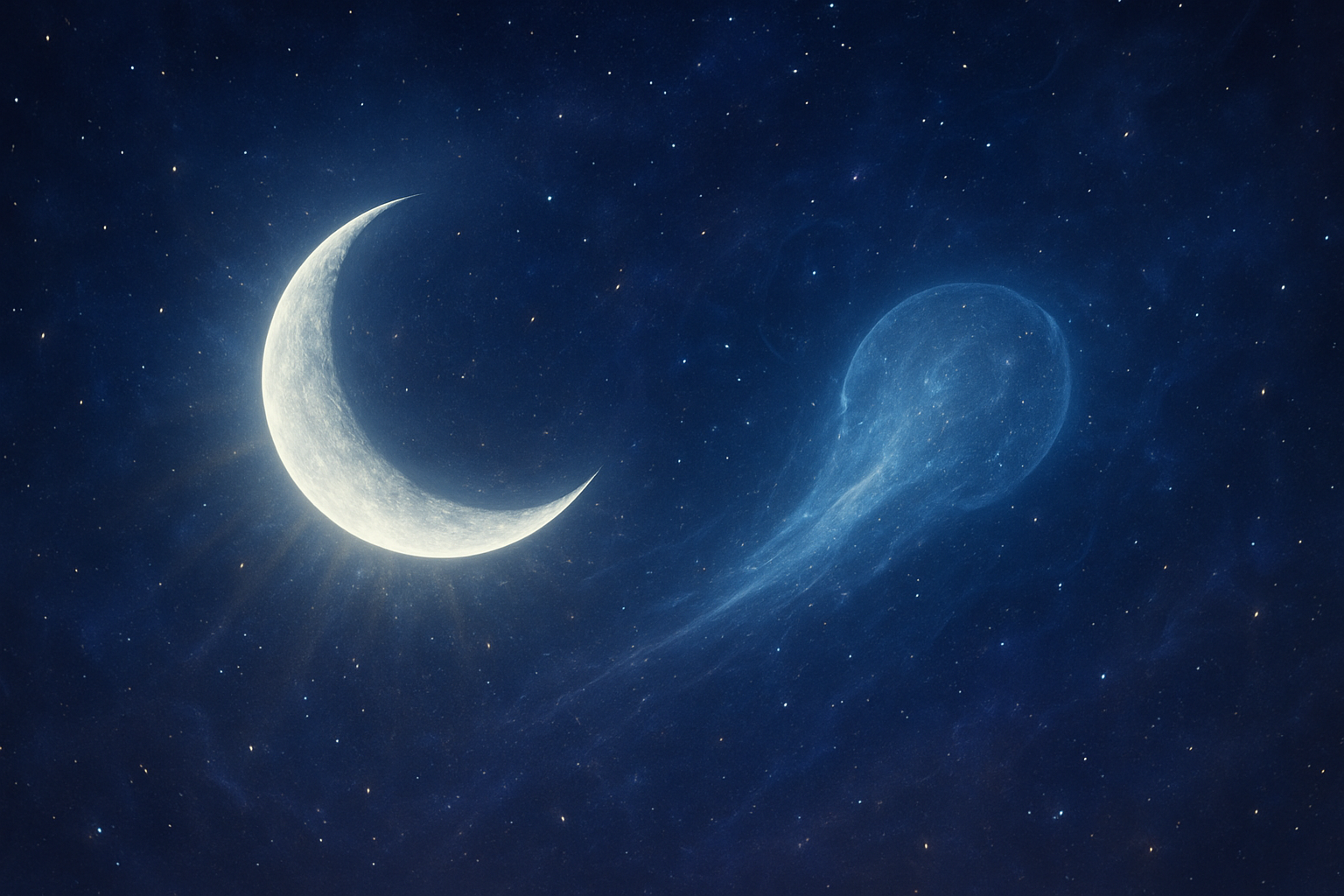 Create a realistic image of a serene night sky scene featuring a prominent crescent moon glowing softly in silver light, with the shadow planet Ketu represented as a mystical, translucent celestial body with a comet-like tail nearby, surrounded by twinkling stars and cosmic energy patterns in deep blue and purple hues, creating a peaceful and spiritually uplifting atmosphere that conveys positive astrological influences and divine blessings, with subtle golden light rays emanating from the lunar region suggesting beneficial effects, absolutely NO text should be in the scene.