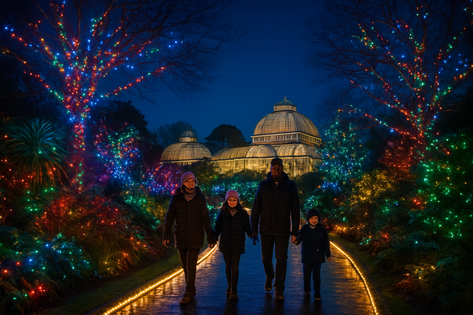 Create a realistic image of Kew Gardens at night during Christmas time featuring illuminated botanical displays with colorful LED lights adorning large trees and exotic plants, a winding pathway lit by warm golden lights leading through the gardens, families of diverse backgrounds including white and black adults and children walking along the trail wearing winter coats and scarves, magnificent glass Victorian conservatories glowing softly in the background, winter evening atmosphere with dark blue sky, magical twinkling lights reflecting on wet pathways, bare tree branches decorated with bright multicolored Christmas lights, and lush evergreen plants illuminated in festive colors creating an enchanting winter wonderland scene, absolutely NO text should be in the scene.