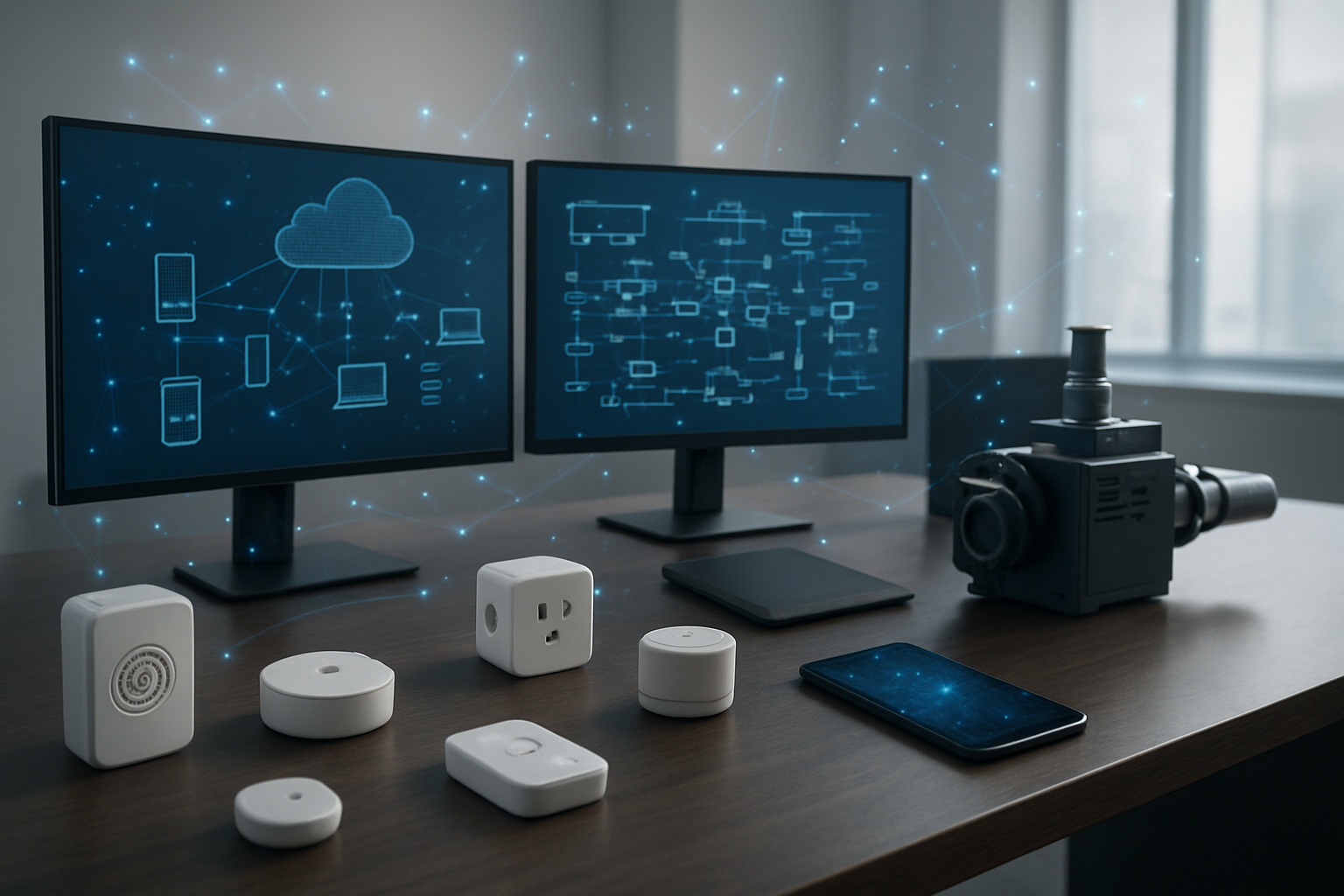 Create a realistic image of a modern technology workspace featuring interconnected IoT devices including smart sensors, industrial equipment, and mobile devices arranged on a sleek desk, with multiple computer monitors displaying AWS cloud architecture diagrams and data flow visualizations, surrounded by subtle network connection lines and wireless signals rendered as glowing blue particles floating in the air, set against a clean minimalist office background with soft natural lighting from large windows, conveying innovation and technological sophistication, absolutely NO text should be in the scene.