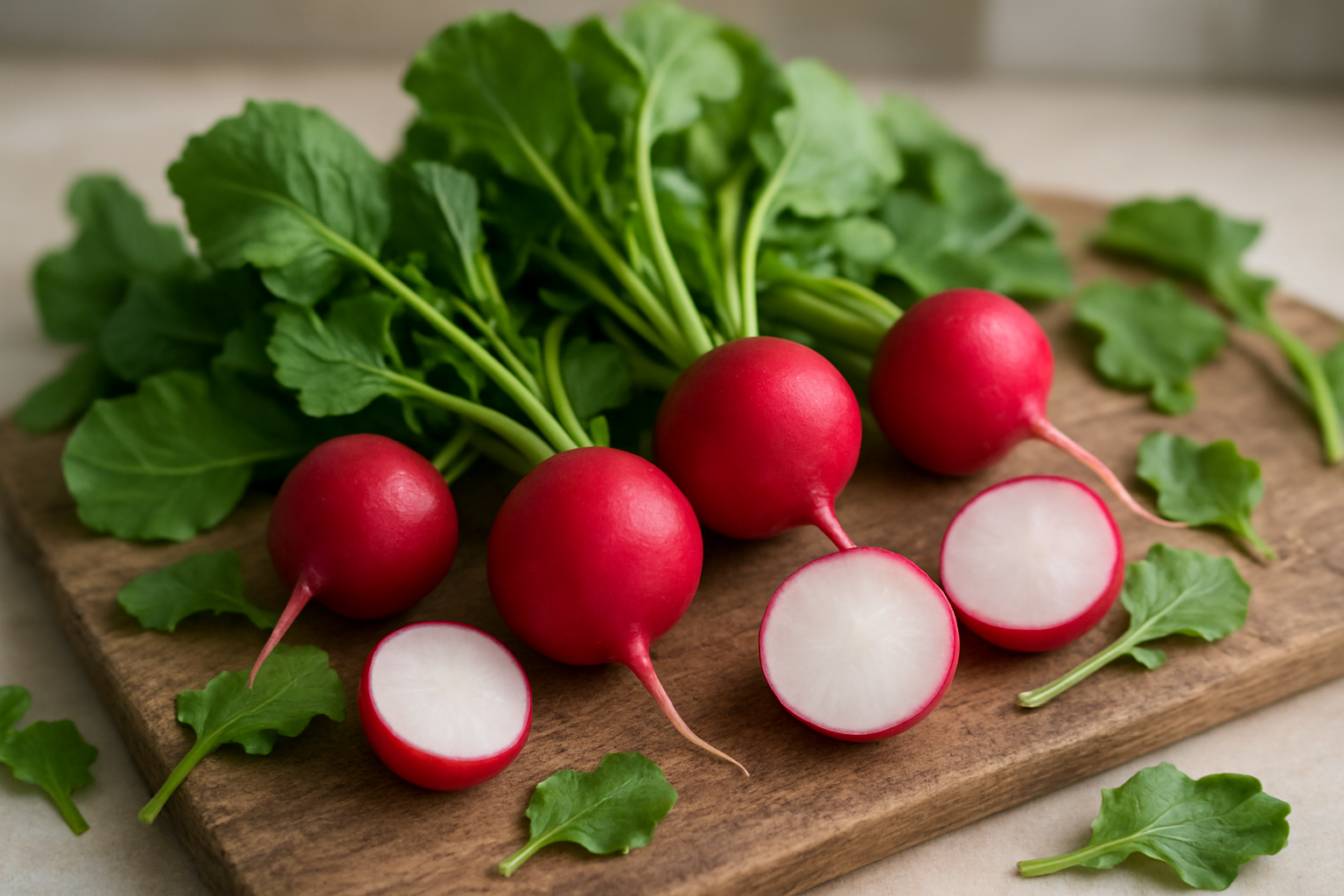 Create a realistic image of fresh radishes in their natural form showing both the crisp white and red round bulbs with their green leafy tops still attached, arranged on a rustic wooden cutting board or natural surface, with some radishes whole and others cut in half to display their crisp white interior texture, surrounded by scattered radish leaves, photographed in soft natural lighting that highlights the vibrant red and white colors and the fresh, crisp appearance of these root vegetables, with a clean kitchen or garden-to-table background that's slightly blurred to keep focus on the radishes, absolutely NO text should be in the scene.