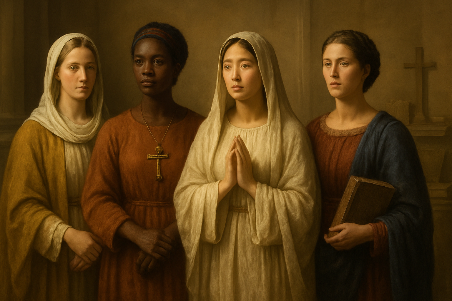 Create a realistic image of diverse women of different races including white, black, and Asian females standing together in a classical setting with soft golden lighting, wearing clothing from different historical periods representing various eras of Christian history, with ancient scrolls, books, and religious symbols subtly placed in the background, conveying a sense of reverence and historical significance, with warm ambient lighting creating an inspirational and respectful atmosphere. Absolutely NO text should be in the scene.