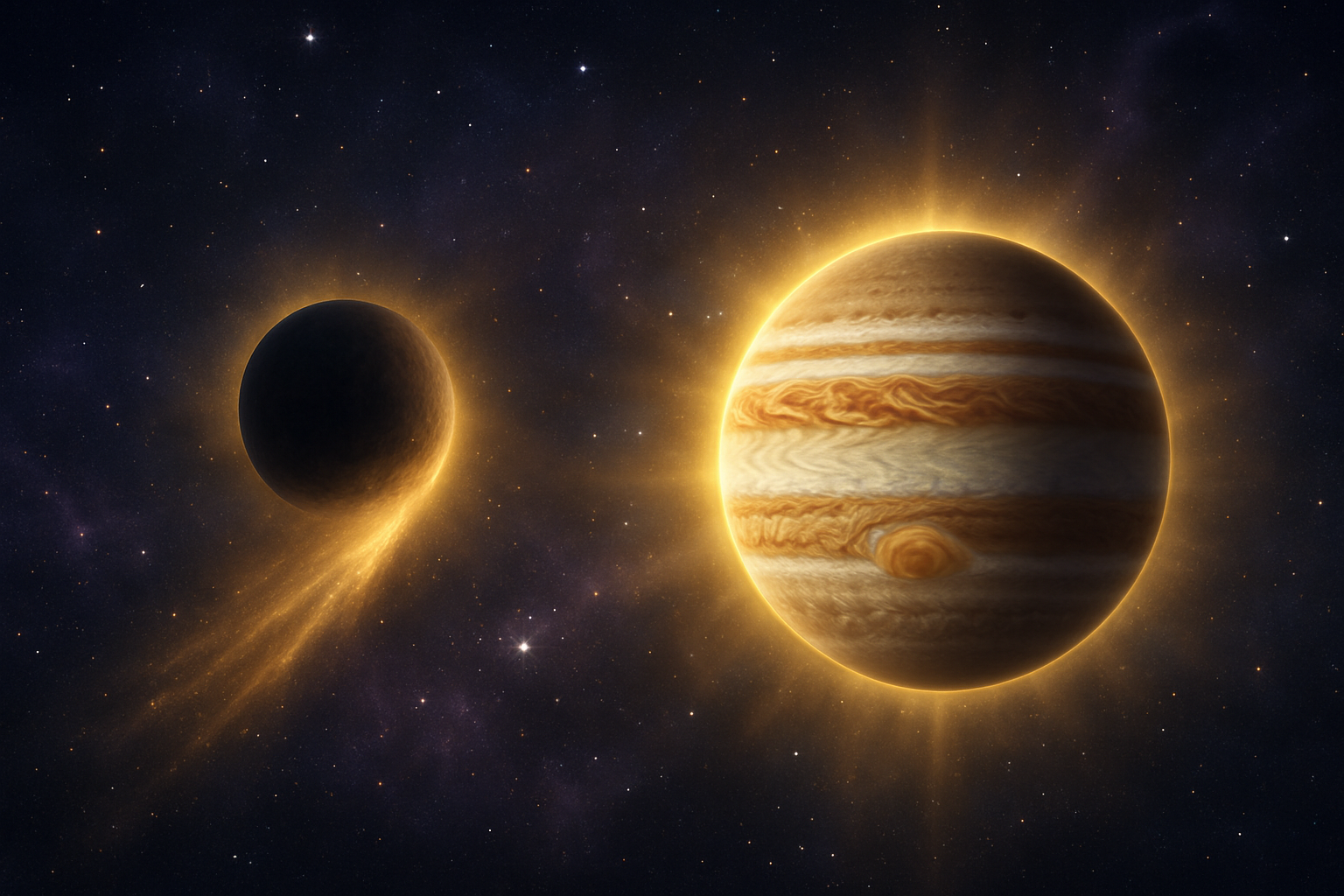 Create a realistic image of a mystical cosmic scene showing the celestial bodies Ketu and Jupiter (Guru) in space, with Ketu depicted as a shadowy, ethereal planetary body with a comet-like tail, and Jupiter as a large, majestic gas giant with swirling bands of orange, brown and cream colors, both planets positioned prominently in a starry night sky filled with twinkling stars and cosmic nebulae, surrounded by a divine golden aura and soft celestial light rays emanating from both planets, creating a spiritual and auspicious atmosphere that represents astrological significance and divine blessings, with deep space background in rich purples and blues, absolutely NO text should be in the scene.