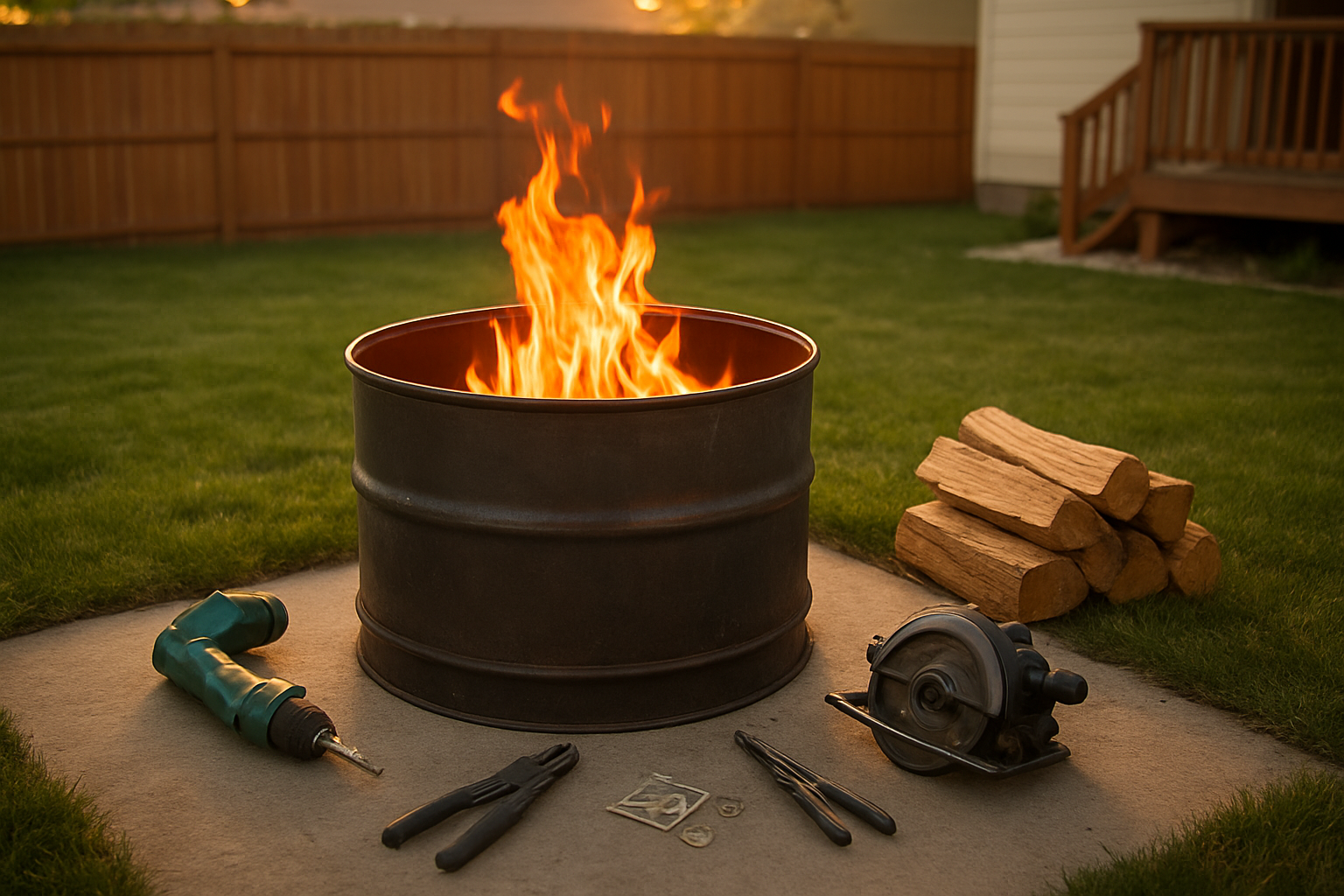 Create a realistic image of a completed DIY smokeless fire pit made from a metal drum or steel ring sitting on a backyard patio or grass area, with warm orange flames burning cleanly inside without visible smoke, surrounded by basic construction tools like a drill and metal cutting tools scattered nearby, a small pile of split firewood stacked to one side, and a few crumpled dollar bills or coins on a wooden surface suggesting the budget-friendly nature of the project, captured during golden hour lighting that creates a cozy and accomplished atmosphere, with a residential backyard setting in the background featuring a fence or deck, absolutely NO text should be in the scene.