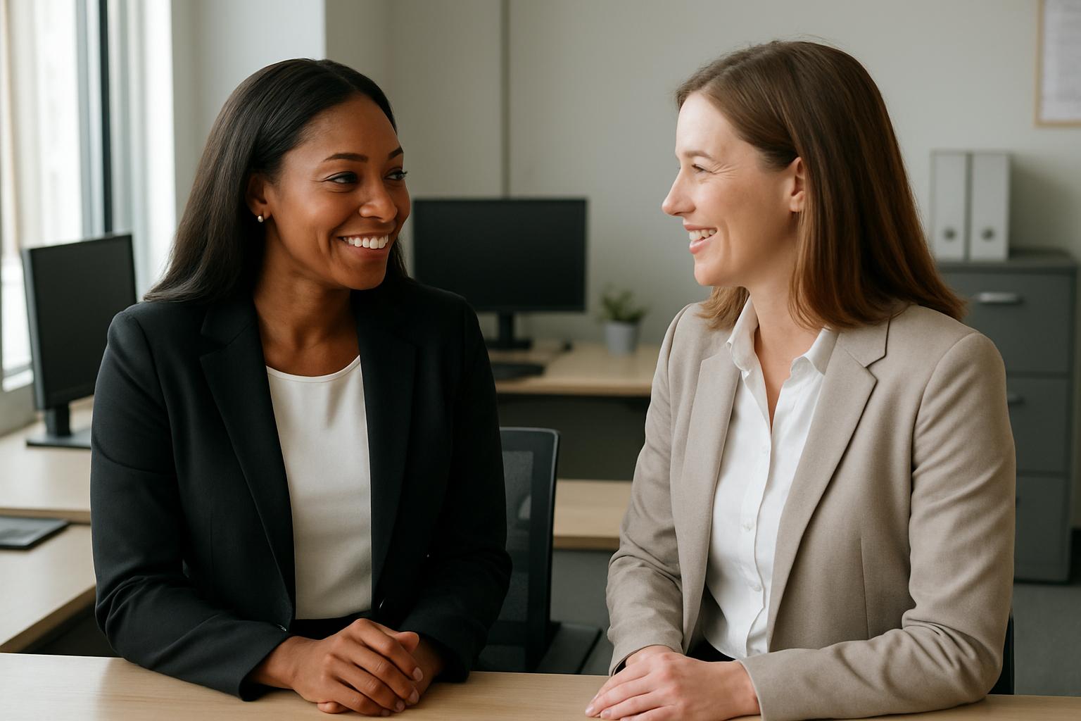 Create a realistic image of a professional black female office worker having a friendly conversation with a white female colleague near a modern office desk, both women are dressed in business attire and smiling naturally while engaged in casual workplace dialogue, the scene shows a contemporary corporate office environment with computers, filing cabinets, and office supplies in the background, soft natural lighting from nearby windows creates a warm and welcoming atmosphere that conveys genuine professional relationship building, the mood is positive and authentic showing natural interpersonal connection in a workplace setting, absolutely NO text should be in the scene.