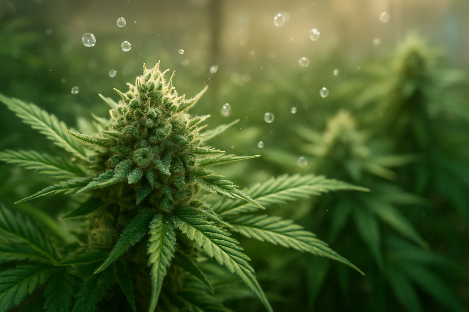Create a realistic image of cannabis plants with a detailed close-up view of green trichome-covered buds in the foreground, surrounded by healthy cannabis leaves, with subtle vapor or aromatic molecules visualized as translucent, shimmering particles floating around the plants to represent protective terpenes, set against a soft-focus laboratory or greenhouse background with warm, natural lighting that highlights the plant's crystalline trichomes and rich green colors, creating an educational and scientific atmosphere that conveys the protective nature of cannabis terpenes, absolutely NO text should be in the scene.