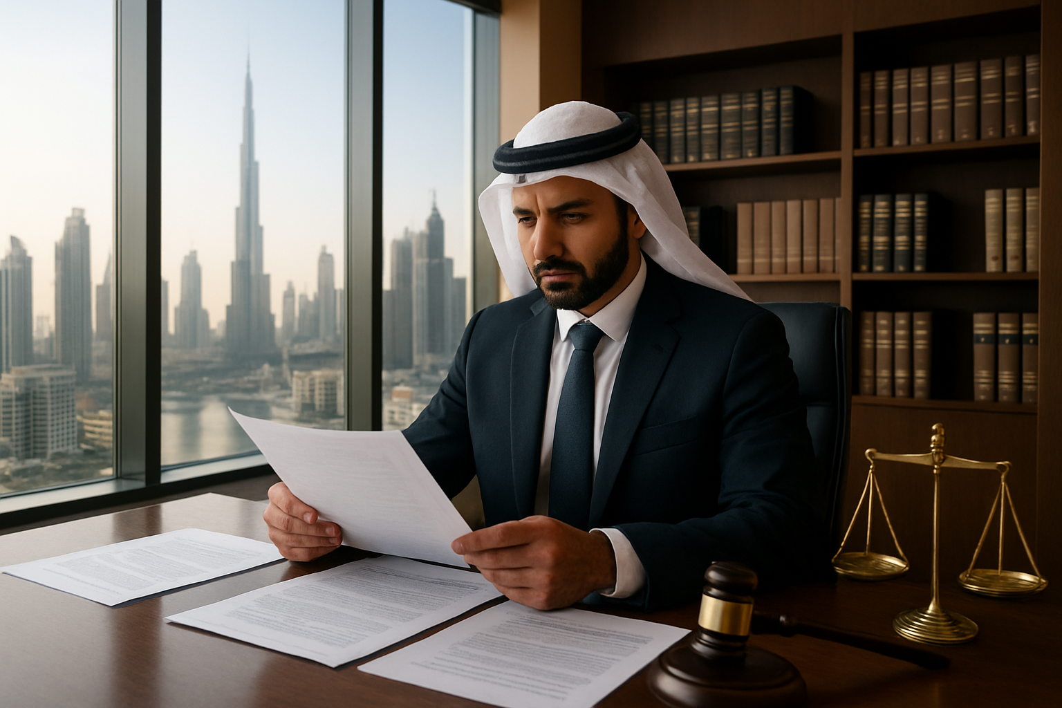 Create a realistic image of a modern Dubai office interior with a Middle Eastern male lawyer in a dark business suit reviewing legal documents and warranty papers spread across a polished wooden desk, with Dubai's skyline visible through large floor-to-ceiling windows in the background, professional lighting creating a serious business atmosphere, law books and legal folders organized on shelves, a gavel and scales of justice positioned on the desk corner, warm natural daylight streaming in, absolutely NO text should be in the scene.