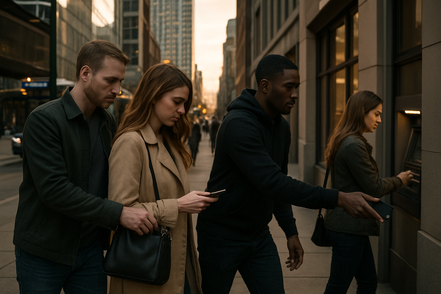 Create a realistic image of a busy urban street scene showing various physical theft scenarios: a white male pickpocket discreetly reaching into a distracted woman's purse at a bus stop, a black male attempting to grab a smartphone from someone's hand near a cafe, and a white female looking over someone's shoulder at an ATM in the background, with modern city buildings, pedestrians walking, and evening lighting creating shadows that enhance the secretive nature of these criminal activities, Absolutely NO text should be in the scene.
