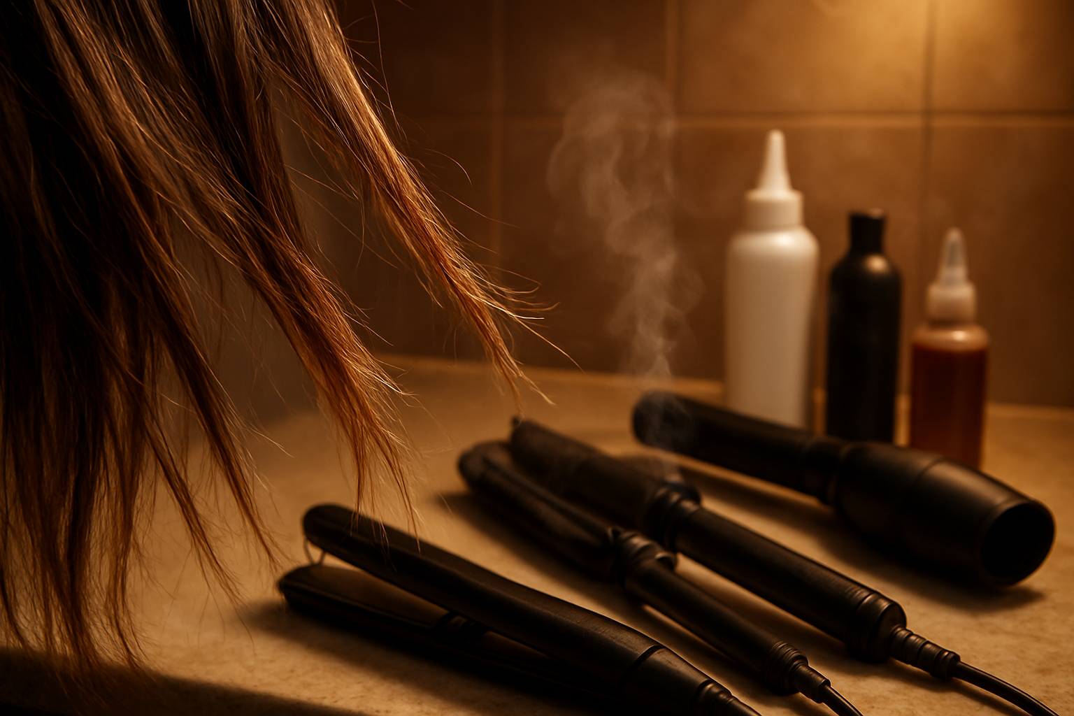 Create a realistic image of damaged hair strands showing split ends and breakage in the foreground, with hair styling tools including a flat iron, curling iron, and blow dryer scattered on a bathroom counter, alongside bottles of chemical hair treatments like bleach and hair dye, with steam or heat waves visible rising from the hot styling tools, dramatic lighting highlighting the contrast between healthy and damaged hair sections, warm amber lighting from overhead bathroom fixtures, absolutely NO text should be in the scene.