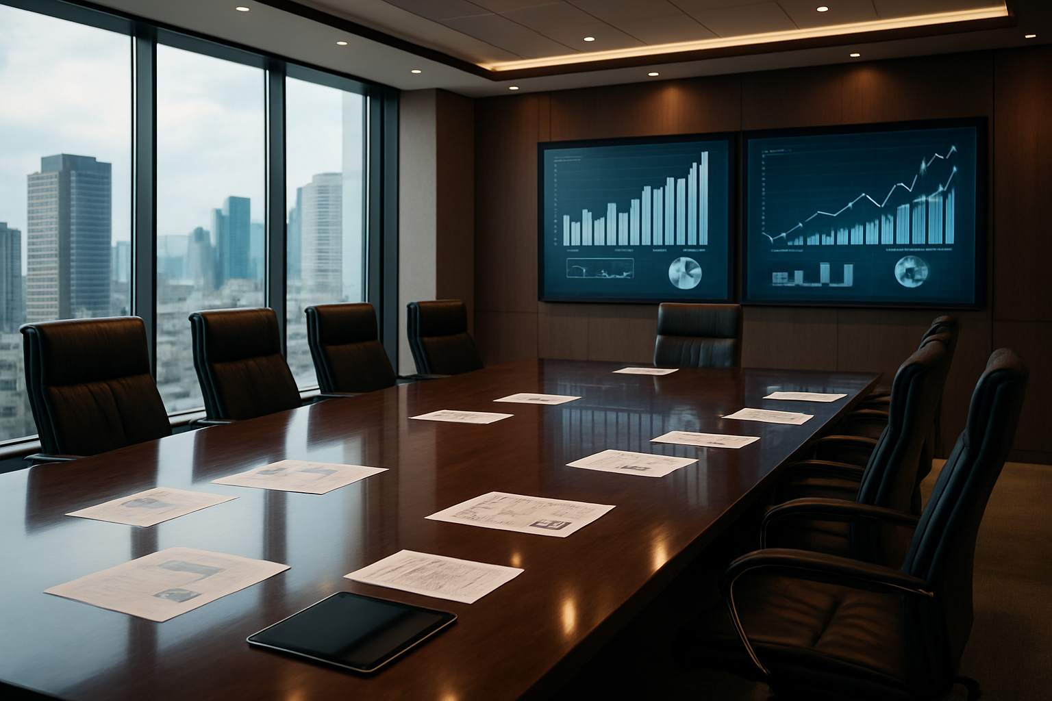 Create a realistic image of a modern corporate boardroom with a large polished conference table, high-tech presentation screens displaying data charts and growth metrics, sleek black leather chairs, floor-to-ceiling windows showing a city skyline, warm professional lighting, scattered business documents and tablets on the table, a sophisticated atmosphere conveying strategic planning and visionary leadership, with subtle reflections on the glossy table surface and contemporary office architecture in the background. Absolutely NO text should be in the scene.