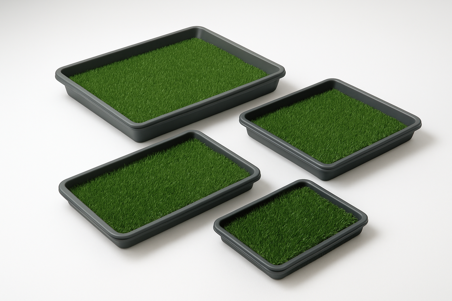 Create a realistic image of several grass-based indoor dog potty systems displayed side by side on a clean white background, featuring different sizes and styles of artificial grass patches in rectangular plastic trays, with realistic green synthetic turf texture, some systems showing drainage layers beneath the grass, modern indoor lighting creating soft shadows, clean and professional product comparison setup. Absolutely NO text should be in the scene.