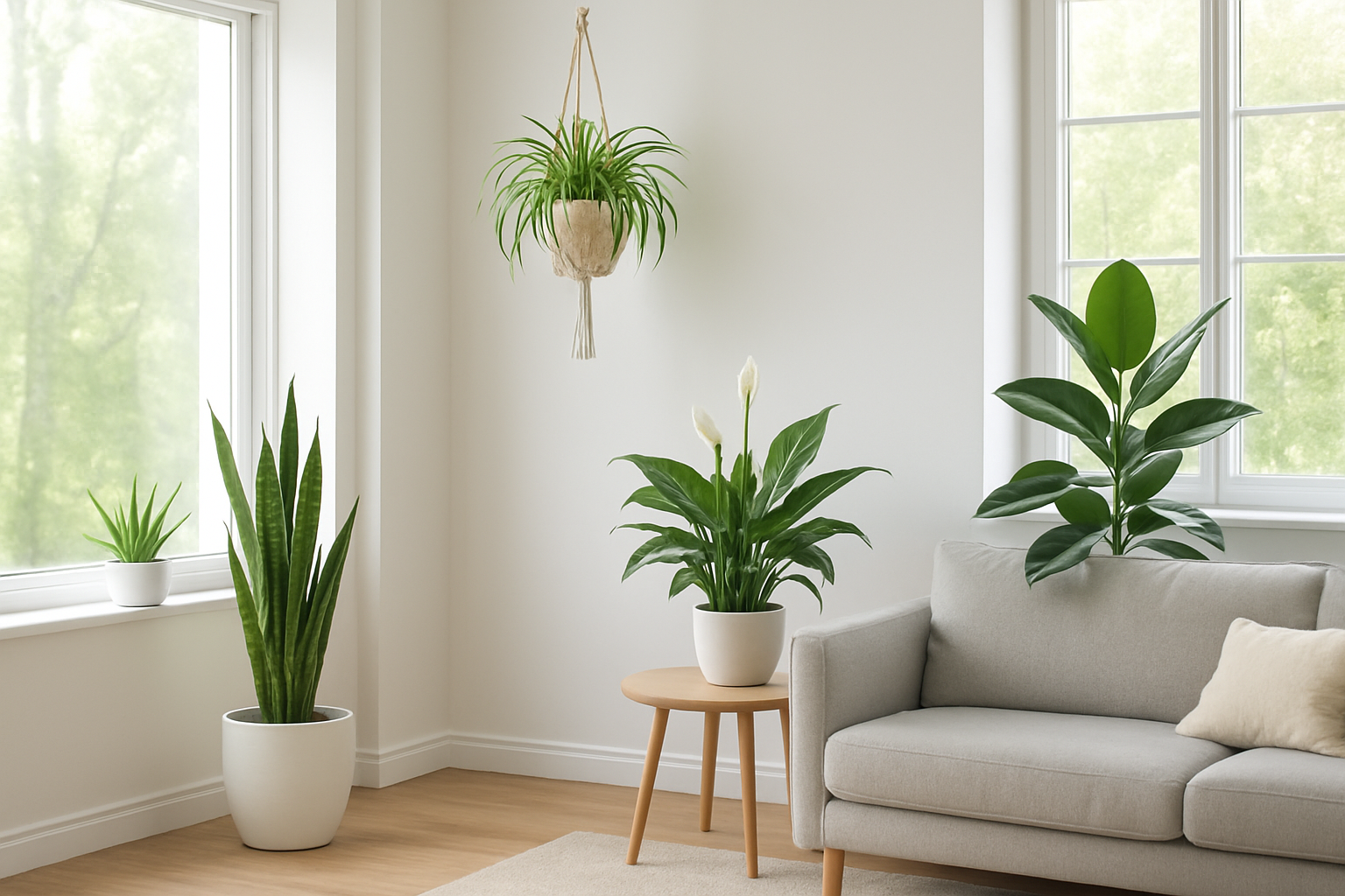 Create a realistic image of a bright, modern living room featuring all five NASA-approved air purifying plants arranged harmoniously throughout the space: a tall snake plant in a white ceramic pot near a window, a cascading spider plant hanging from the ceiling in a macrame planter, an elegant peace lily with white blooms on a side table, a large rubber plant with glossy dark green leaves in a corner, and a small aloe vera plant on a windowsill, with natural sunlight streaming through large windows creating a fresh, clean atmosphere that visually represents the transformation of indoor air quality, soft natural lighting highlighting the lush green foliage against clean white walls and modern furniture. Absolutely NO text should be in the scene.