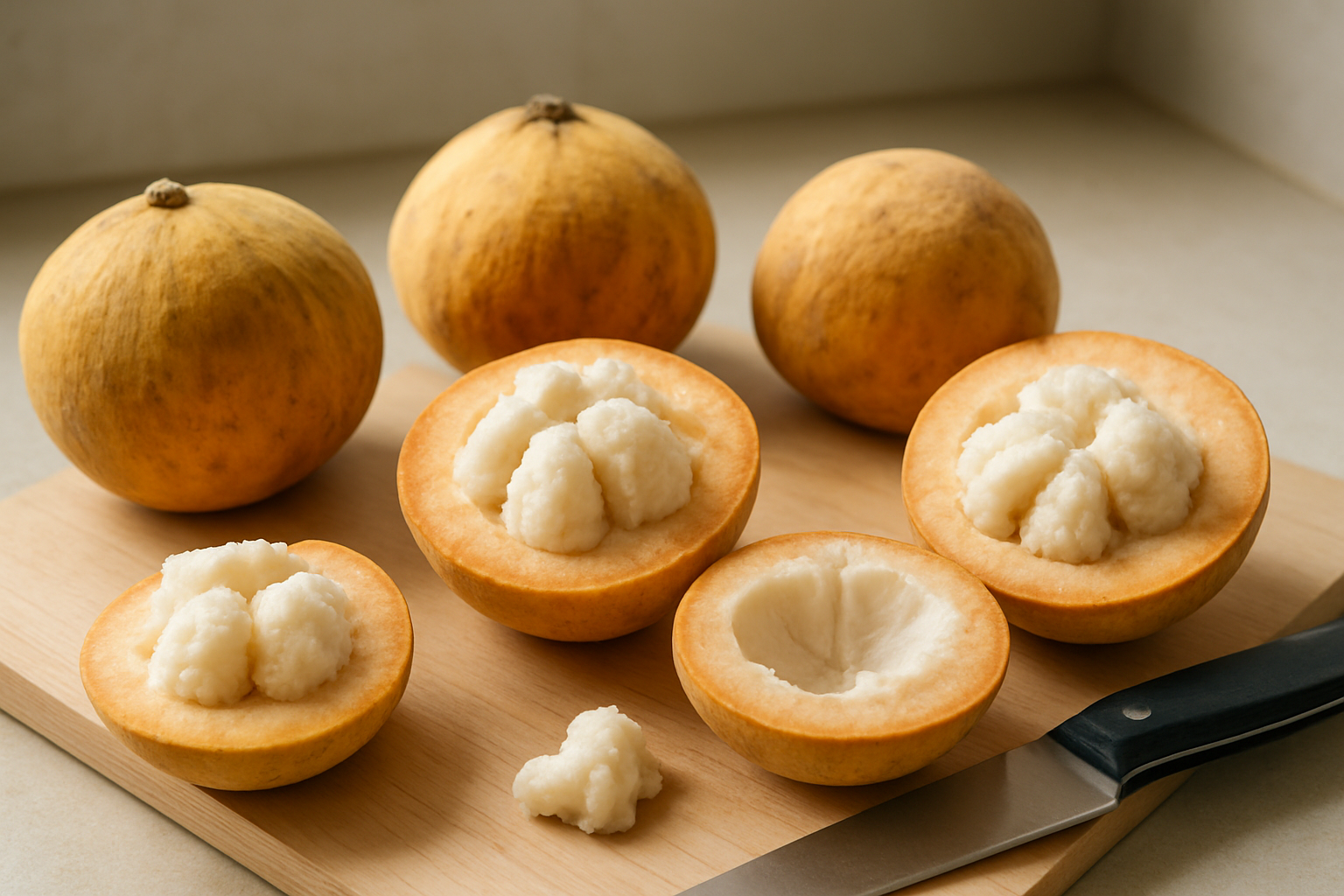 Create a realistic image of fresh santol fruits in various stages of selection and preparation, showing whole round yellowish-brown santol fruits with fuzzy skin alongside cut-open fruits revealing white segmented flesh inside, arranged on a clean wooden cutting board with a sharp knife nearby, natural daylight streaming from the side creating soft shadows, kitchen counter background with subtle neutral tones, absolutely NO text should be in the scene.