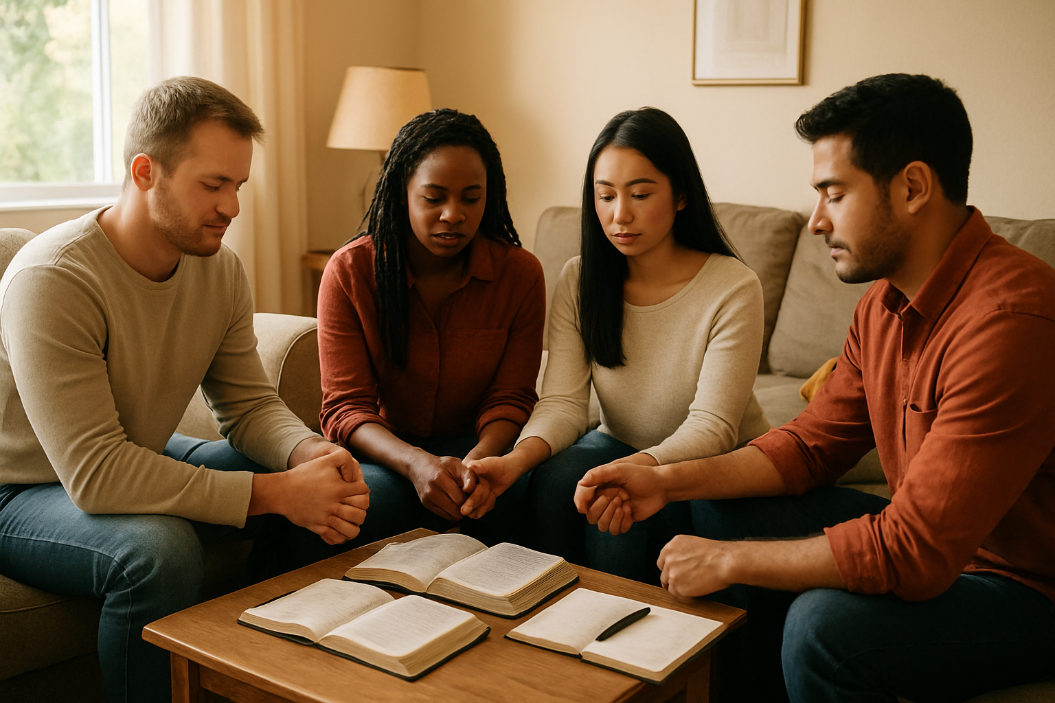 Create a realistic image of a diverse group of people sitting in a comfortable circle in a warm, inviting living room, including a white male, black female, Asian female, and Hispanic male, all holding hands in prayer or deep conversation, with soft natural lighting streaming through windows, cozy furniture like cushioned chairs and a sofa, a coffee table with open Bibles and notebooks, warm earth-tone colors creating an atmosphere of trust and spiritual fellowship, peaceful and supportive mood, absolutely NO text should be in the scene.