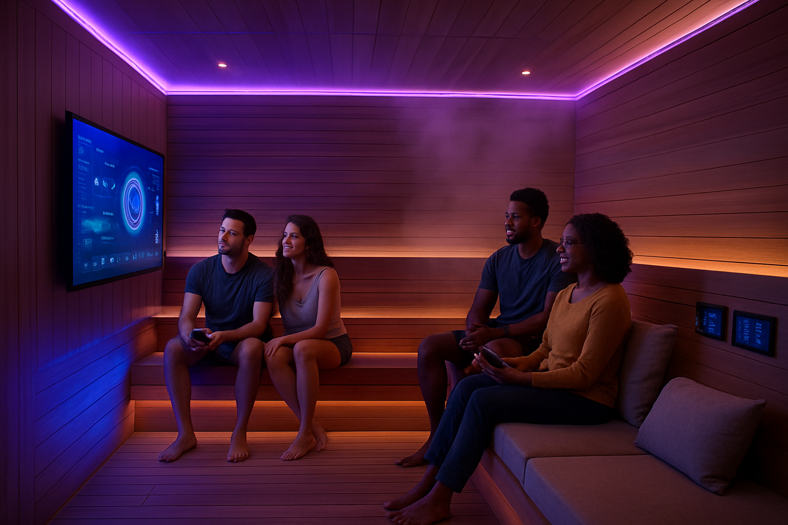 Create a realistic image of a modern, luxurious sauna interior transformed into an entertainment venue with sleek wooden walls and benches, ambient LED lighting in purple and blue hues, a large wall-mounted screen displaying interactive content, high-tech control panels, comfortable seating areas with plush cushions, a diverse group of people including white and black males and females relaxing while engaging with digital entertainment systems, steam gently rising in the background, contemporary design elements blending traditional sauna features with futuristic technology, warm atmospheric lighting creating a sophisticated wellness and entertainment ambiance, absolutely NO text should be in the scene.