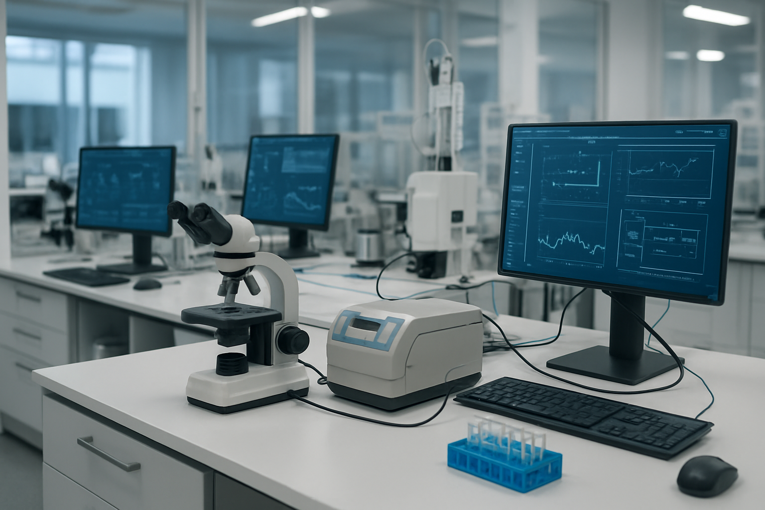 Create a realistic image of a modern biopharma laboratory showing the integration of digital and physical workflows, featuring laboratory benches with scientific equipment like microscopes, centrifuges, and testing apparatus connected to computer workstations displaying data analysis software and digital monitoring systems, with cables and interfaces linking the physical lab equipment to multiple computer screens showing graphs, molecular structures, and workflow diagrams, all set in a clean, well-lit laboratory environment with white surfaces and professional lighting, absolutely NO text should be in the scene.
