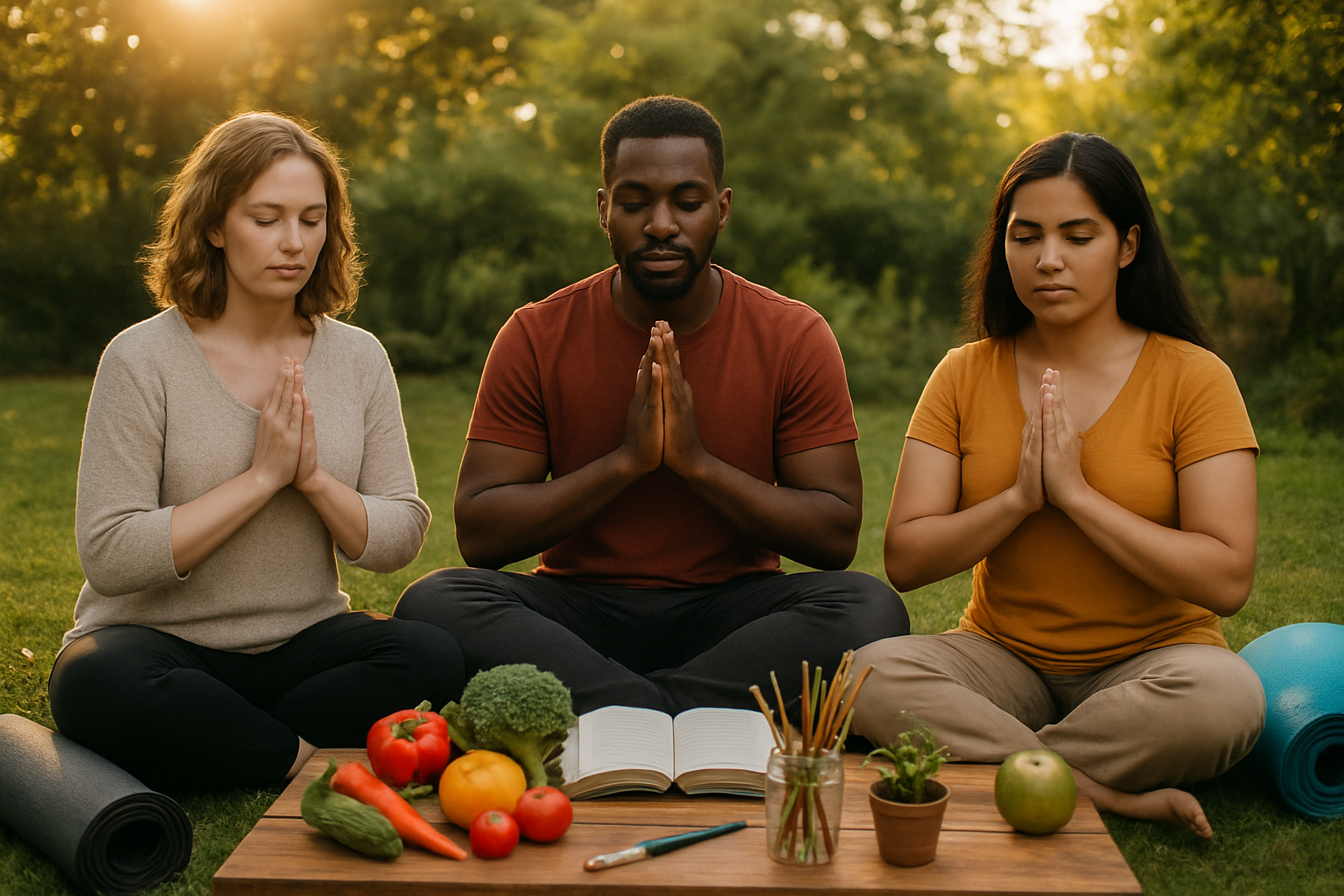 Create a realistic image of a diverse group including a white female, black male, and Hispanic female sitting in a peaceful circle outdoors in a garden setting, with hands gently placed together in prayer position, surrounded by symbolic elements representing Lent challenges including fresh vegetables and fruits, open books, art supplies like paintbrushes and canvas, small potted plants, and fitness equipment like yoga mats, all arranged naturally around them on a wooden table and grass, with soft golden hour lighting filtering through trees creating a warm, contemplative atmosphere that conveys spiritual reflection, community, and personal growth, absolutely NO text should be in the scene.