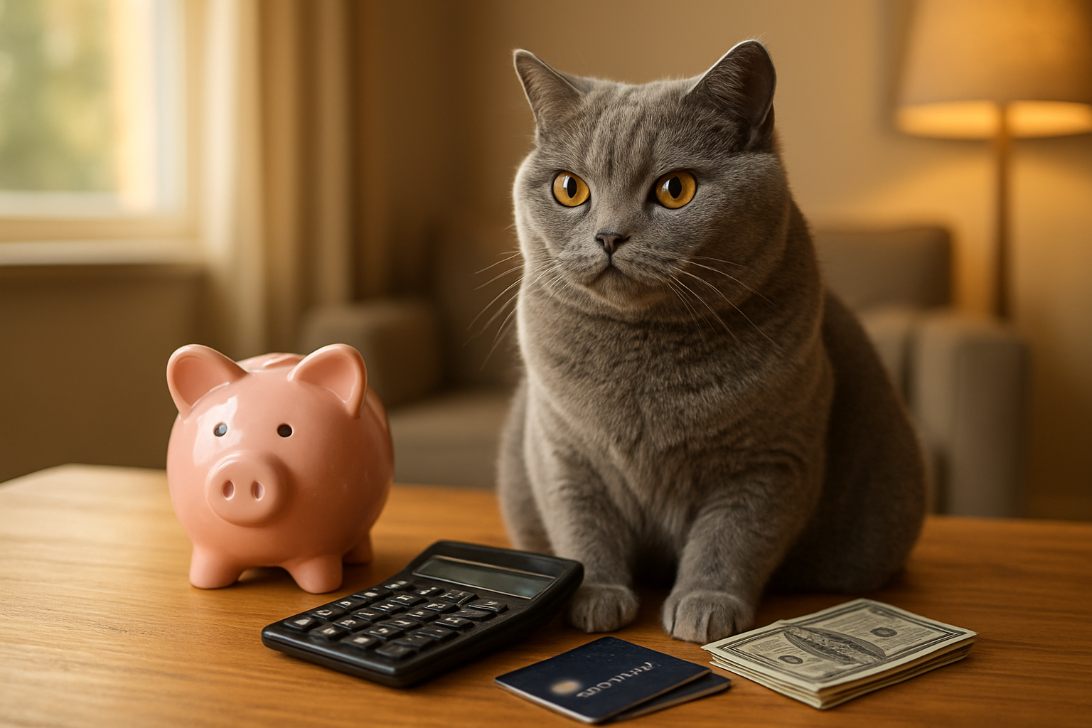 Create a realistic image of a British Shorthair cat sitting on a wooden table next to various financial items including a piggy bank, calculator, credit cards, and a small stack of cash bills, with a cozy home interior background featuring warm natural lighting from a nearby window, conveying financial planning and budgeting alternatives, absolutely NO text should be in the scene.