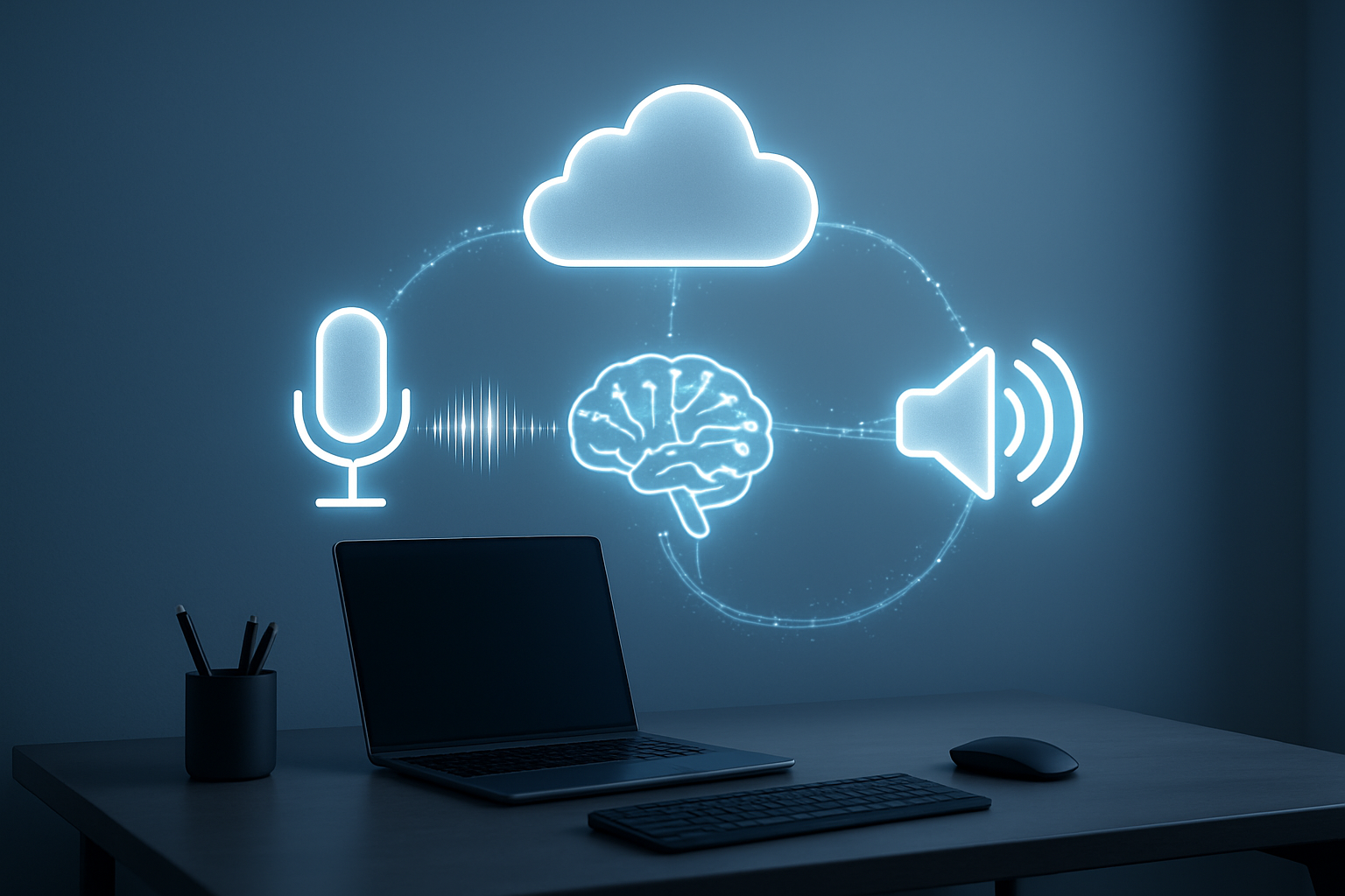 Create a realistic image of a modern technology workspace showing three interconnected cloud service icons floating above a sleek desk, with visual representations of voice AI capabilities including sound waves emanating from a microphone, a brain-like neural network symbol, and audio speaker waves, all connected by glowing data streams against a clean blue-toned background with soft ambient lighting, absolutely NO text should be in the scene.