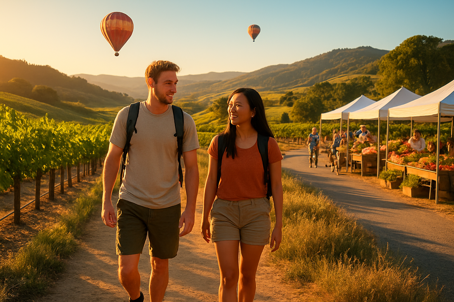 Create a realistic image of a scenic outdoor adventure scene in California wine country showing a diverse group of tourists enjoying non-wine activities, featuring a white male and Asian female couple hiking on a vineyard trail with rolling hills in the background, hot air balloons floating in the clear blue sky above, cyclists on a country road in the distance, and a farmers market with fresh produce stands visible in the mid-ground, all set during golden hour lighting with warm sunlight filtering through the landscape, absolutely NO text should be in the scene.